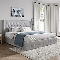 Vista 4 de SHA CERLIN Cama de almacenamiento elevable, tamaño Queen, cabecera capitonada con botones, almacenamiento hidráulico, marco de cama tapizado,