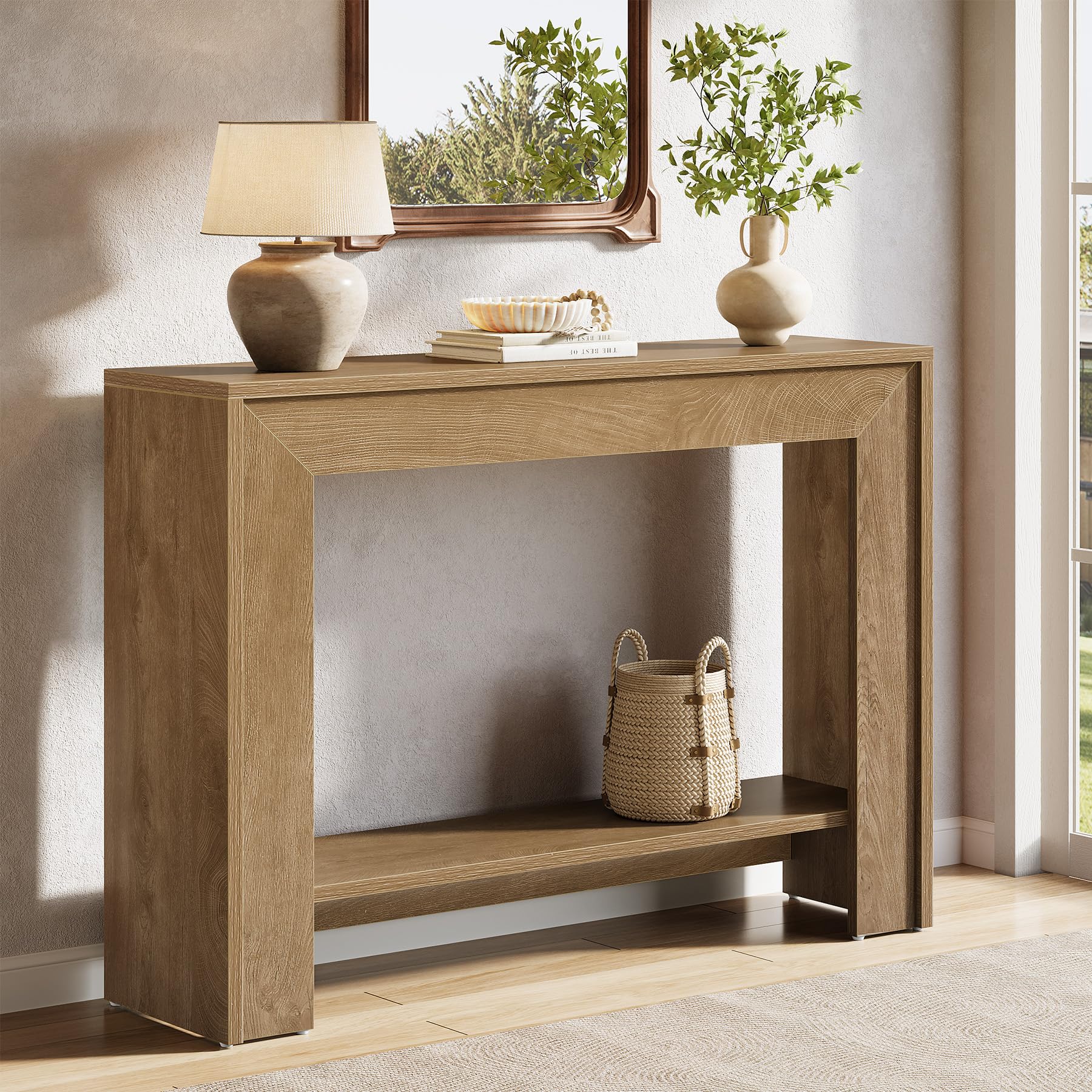 Tribesigns Mesa consola estrecha de 105 cm con espacio de almacenamiento abierto de 2 niveles, mesa de sofá detrás del sofá, mesa de consola rústica para salón, pasillo, vestíbulo, nogal claro