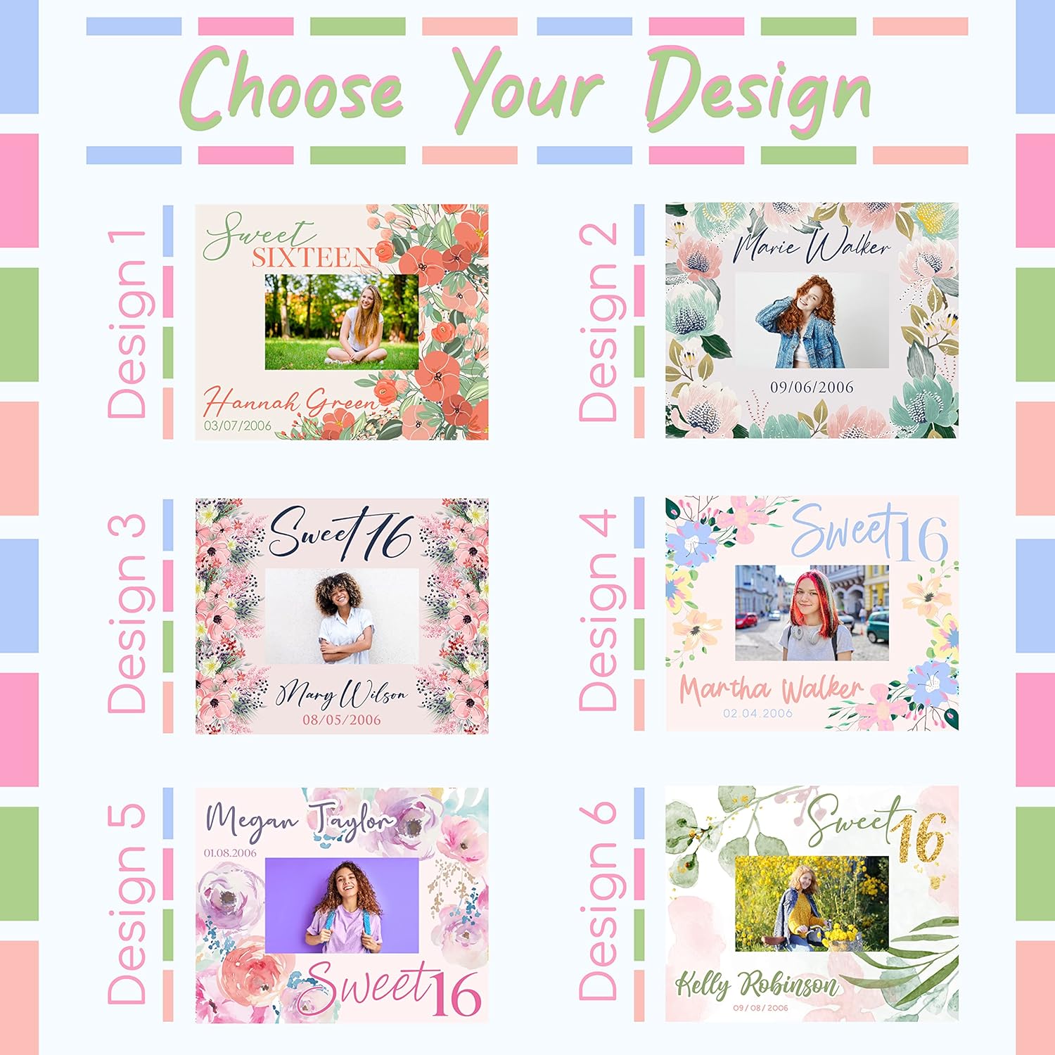 Sweet 16 Gifts for Girls, Personalized Picture Frames - 4 X 6 - Custom w/Name, Last Name, Date - 6 Floral Designs, 16th Birthday Gifts