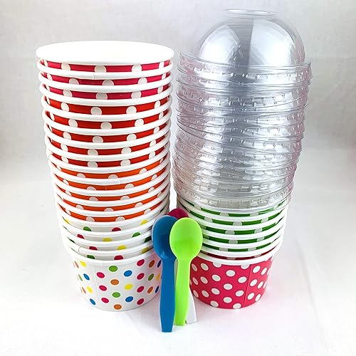 Miniatura 3 de Vasos de papel para helado con tapas de cúpula sin agujero y cucharas de plástico, diseño de lunares, 4 onzas, mezcla de 25 unidades