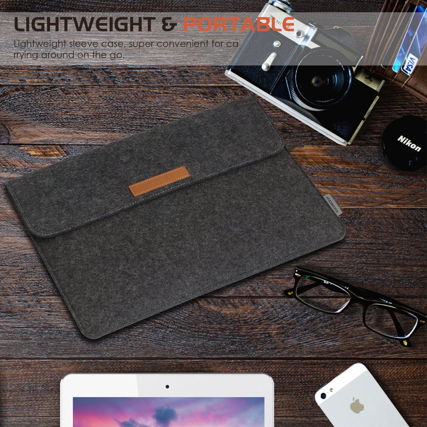 MoKo Felt Sleeve Case on a desk with accessories
