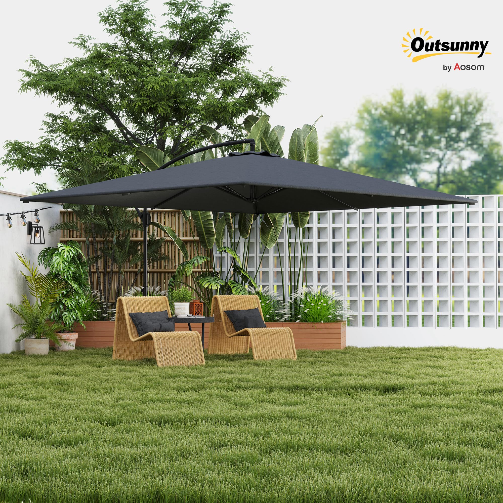 Outsunny Ombrellone Decentrato 2.8x3.8 m con Tettuccio Inclinabile Regolabile, Manovella e Prese d'Aria, Base a Croce, Ombrellone da Giardino in Metallo e Poliestere UV50+, Grigio