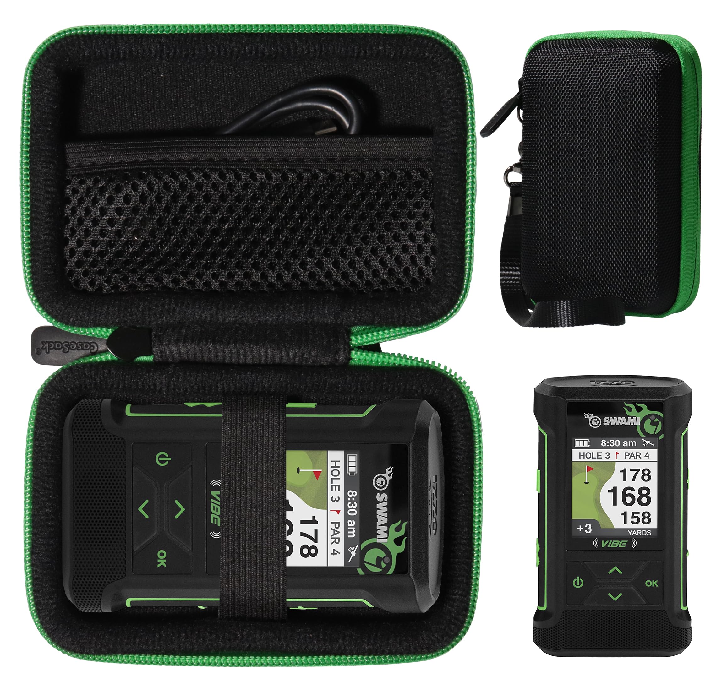 CaseSack Golf GPS Case for Swami Vibe Golf GPS - Golf GPS Bluetooth Speaker Combo (Black with Green Zip)