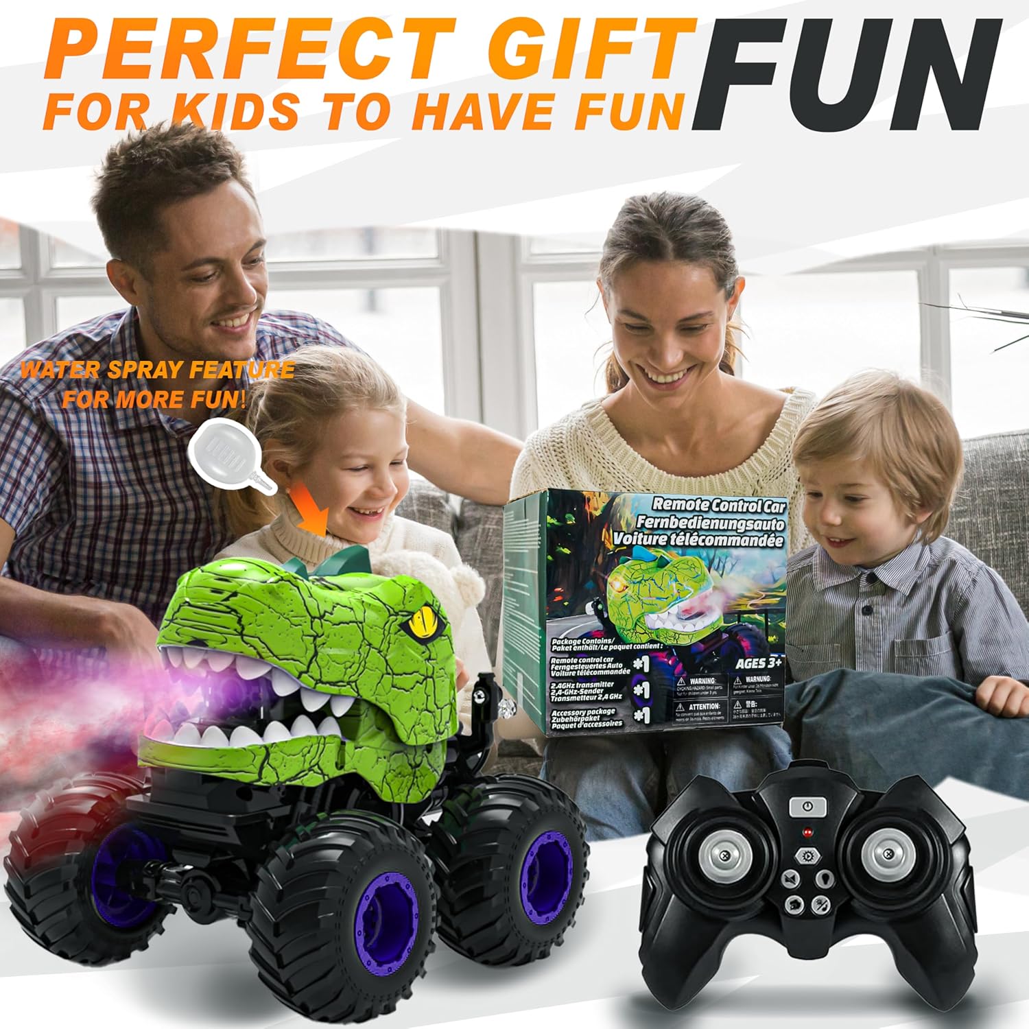 BEZGAR Monster Truck Toys - Remote Control Monster Truck with Spray, Light, Music, Dinosaur Toys for Kids, 1:20 Scale RC Truck with 360° Spins and Drifting, Remote Control Car for Boys 4-7 Green