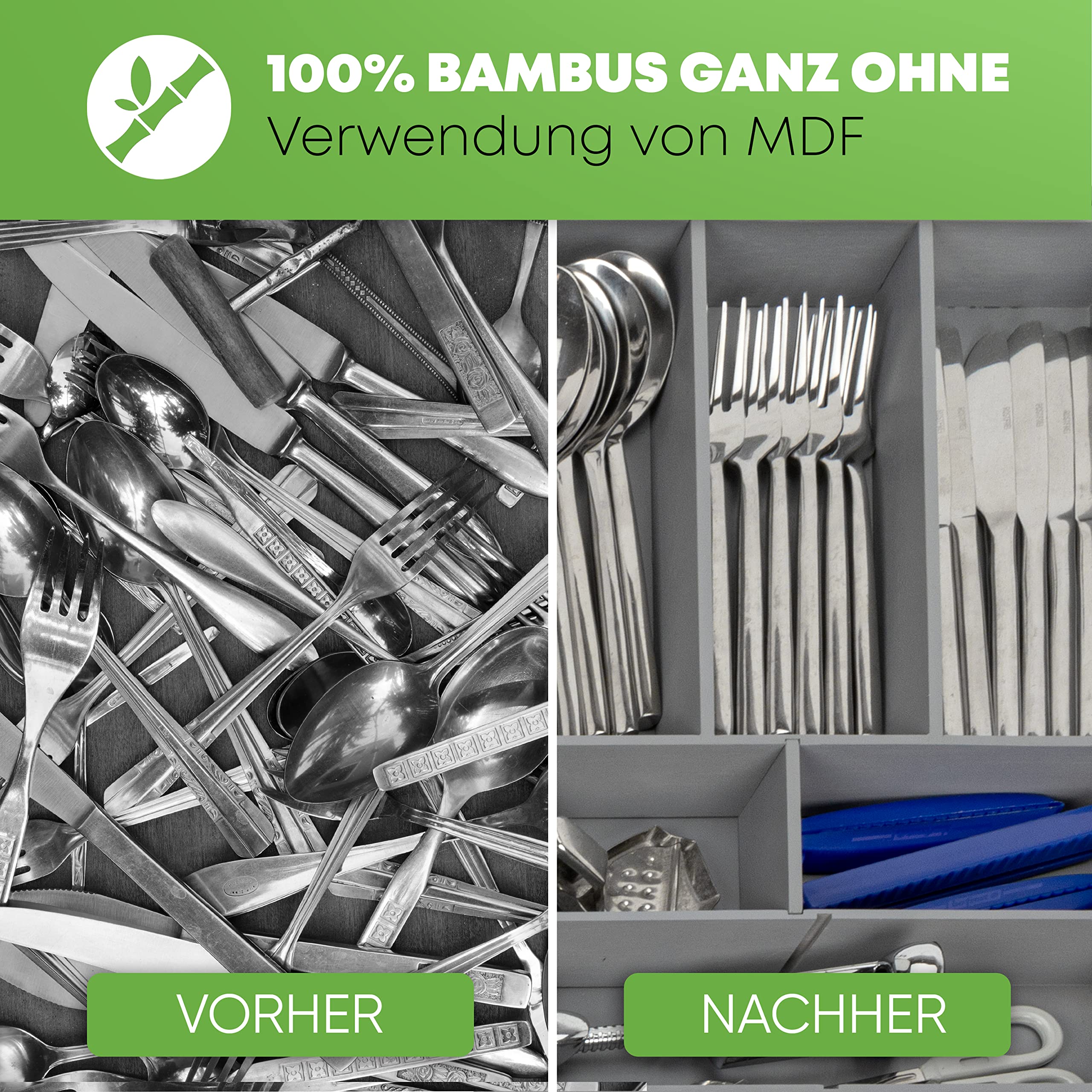Kamoro HOME & KITCHEN Cutlery Tray for Drawers Bamboo, Gray - Image 4