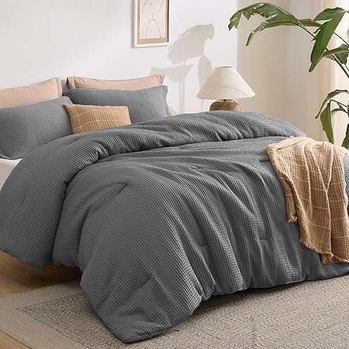 Bedsure Waffle Comforter Set Twin, Soft and Breathable Dark Grey Bedding Comforter Set, 2 Pieces, 1 Waffle Weave Comforter (68"x88") and 1 Pillow Sham (20"x26"+2")