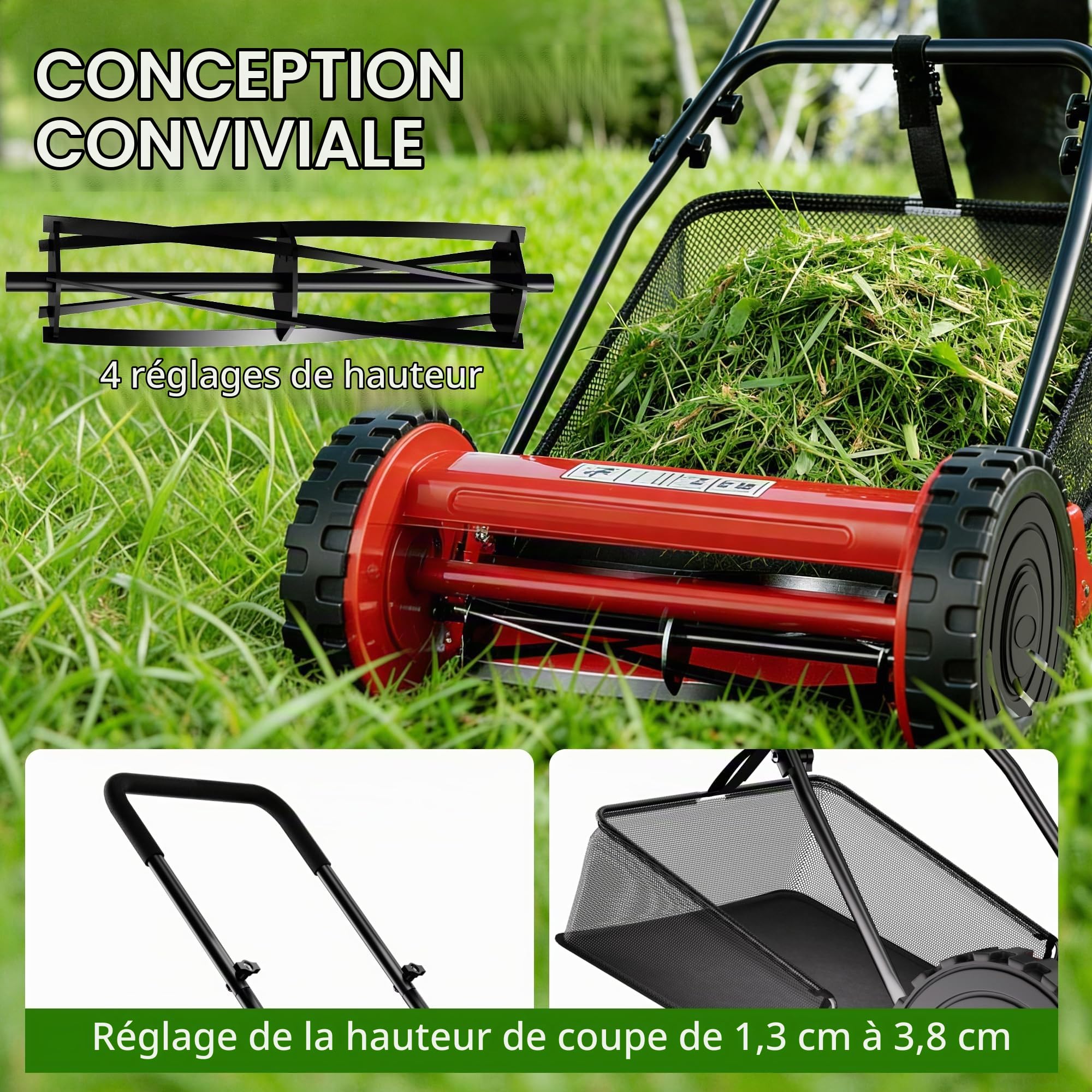 Garvee Tondeuse à Gazon Manuelle, 5 Lames, Hauteur Réglable 1,5-4,5 cm