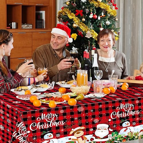 Miniatura 7 de Tiamon Paquete de 3 manteles de plástico de Navidad para mesa rectangular, lavable, muñeco de nieve y Papá Noel, decoraciones para Navidad,
