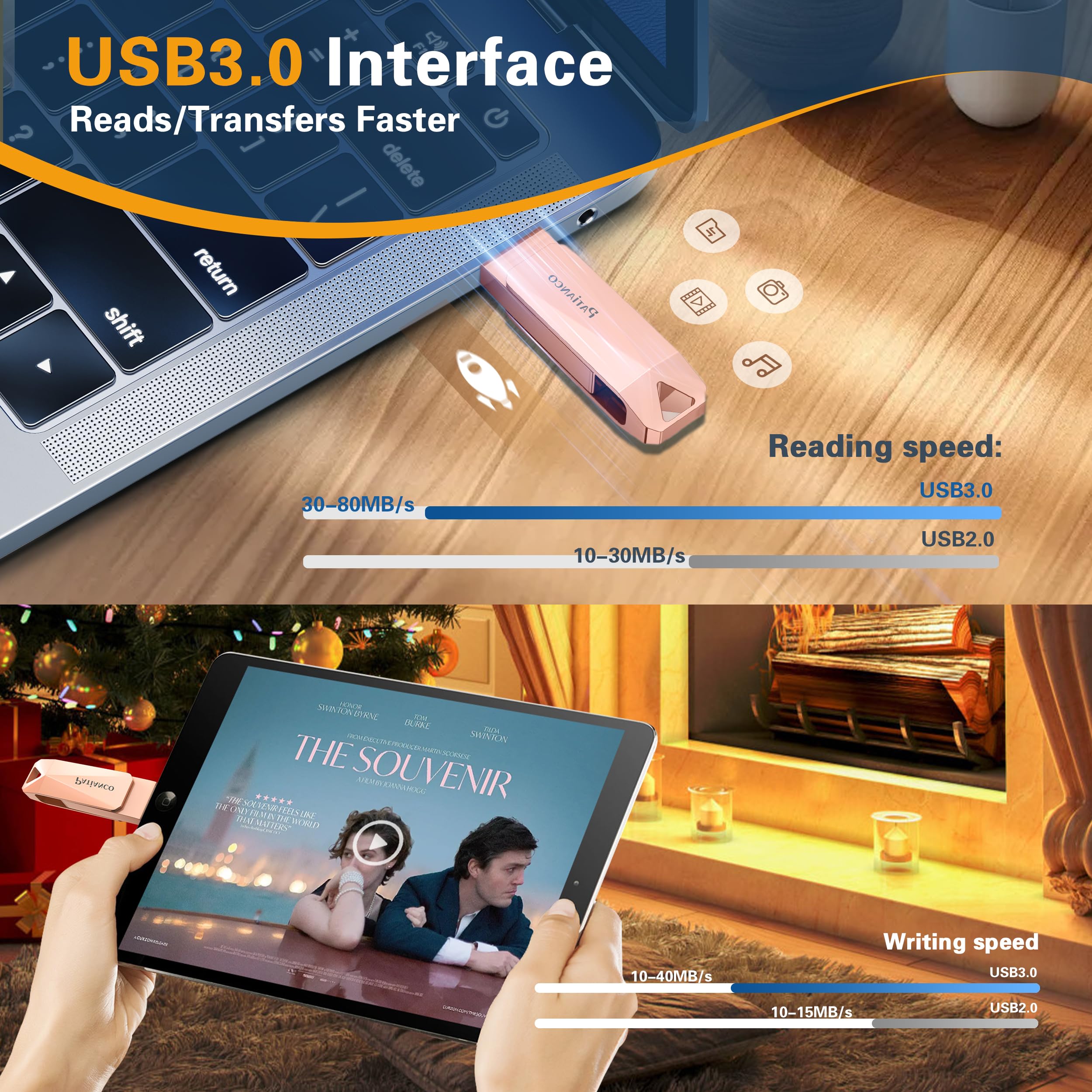 Patianco Chiavetta USB per iPhone 256GB [MFi Certified] USB 3.0 Pendrive per Lightning Chiave USB C Memoria Stick 3 in 1 Backup Rapido con un Clic per OTG Android/Mac/PC/Type C-iPhone/iPad(256GB,Rosa)