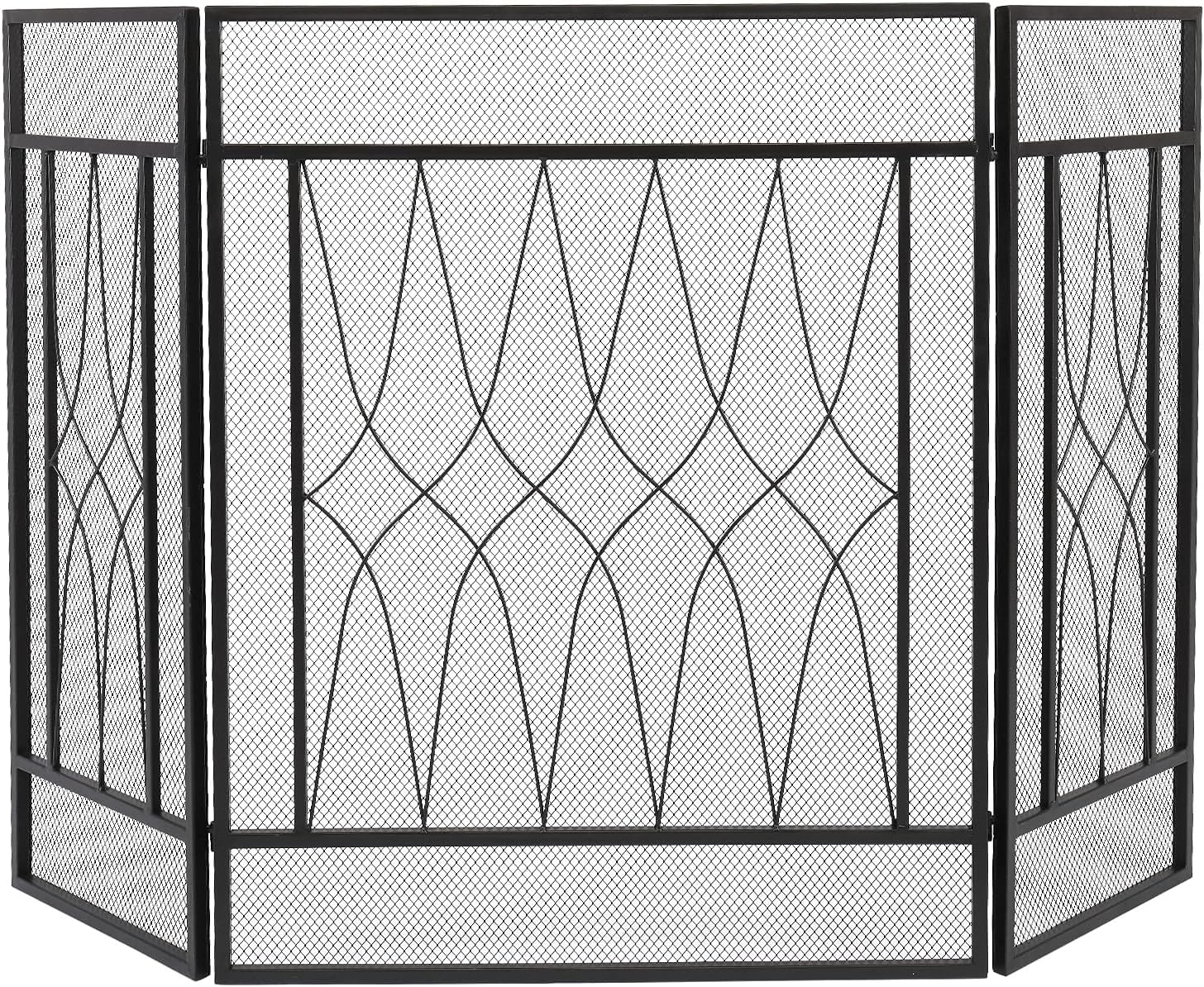 Square Tri-Fold Fireplace Screen, Decorative Iron Spark Guard Cover, Curved Rhombus Design, 128x81x1CM, Stylish Black Fire Safety Barrier for Home Décor