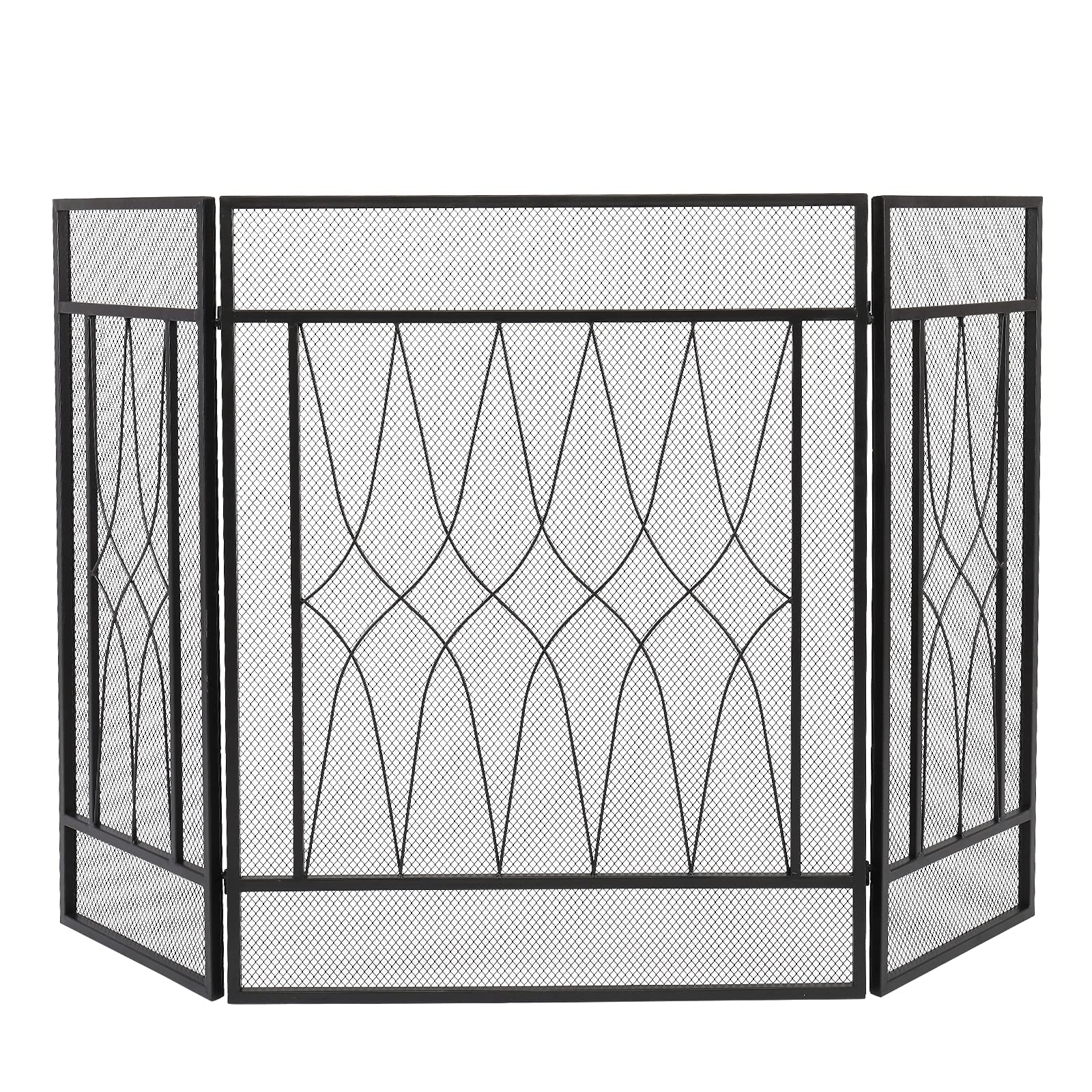 Schermi per Caminetti di Guardia Schermo Camino Square Tri-Piega Curve Rhombus Iron Decorativo 128x81x1cm Accessori per Caminetti in Rete Decorativa (Color : Black, Size : 128x81x1CM)