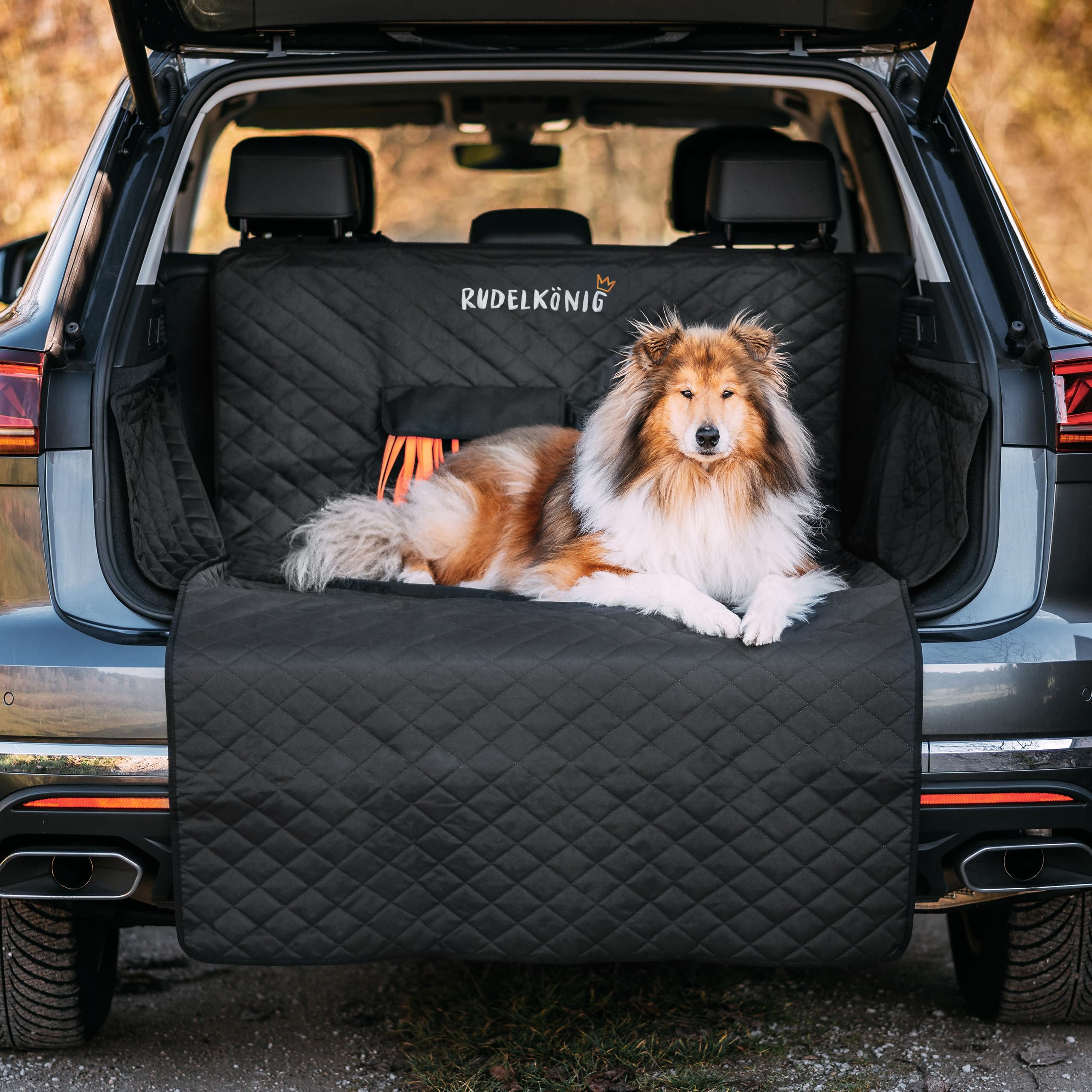 Rudelkönig Kofferraumschutz Hund mit Ladekantenschutz - Wasserabweisend & Kratzfest - Gesteppte Auto Hundedecke mit Tasche - Universale Kofferraum Schutzmatte für Hunde