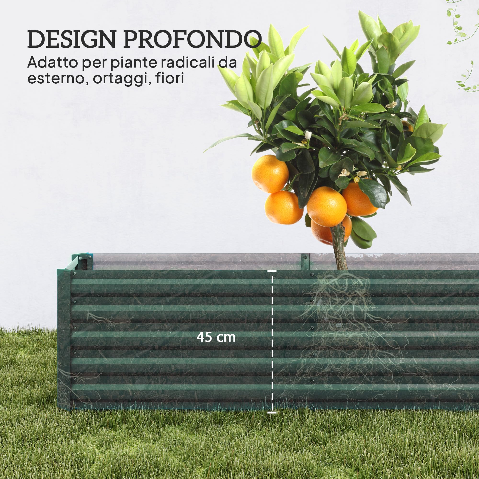 Outsunny Letto per Orto Rialzato da Esterno 394L, Fioriera da Balcone in Acciaio Galvanizzato con Fondo Aperto, per Piante, Fiori e Verdure, 240x40x45cm, Verde