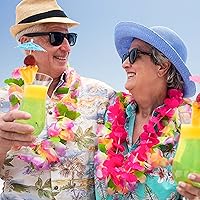 Vista 3 de Collar de flores de seda hawaianas con temática tropical de Luau Hawaii, 25 unidades para playa, vacaciones, boda, cumpleaños, suministros de verano