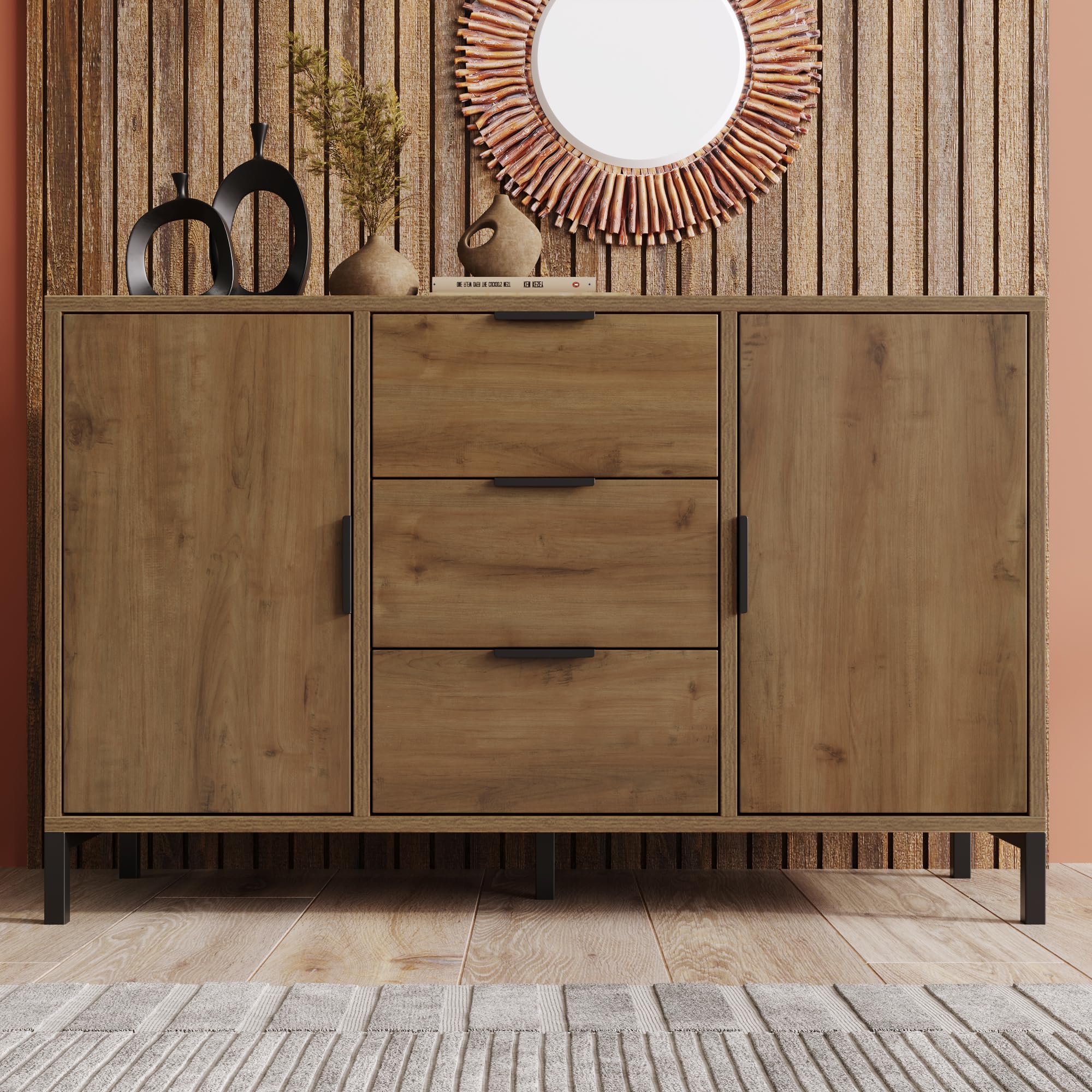 Merax Aparador cómoda con 2 puertas y 3 cajones de 120 cm, armario buffet con estante ajustable, armario de almacenamiento en roble oscuro, patas metálicas, para dormitorio, salón, 120 x 40 x 76 cm