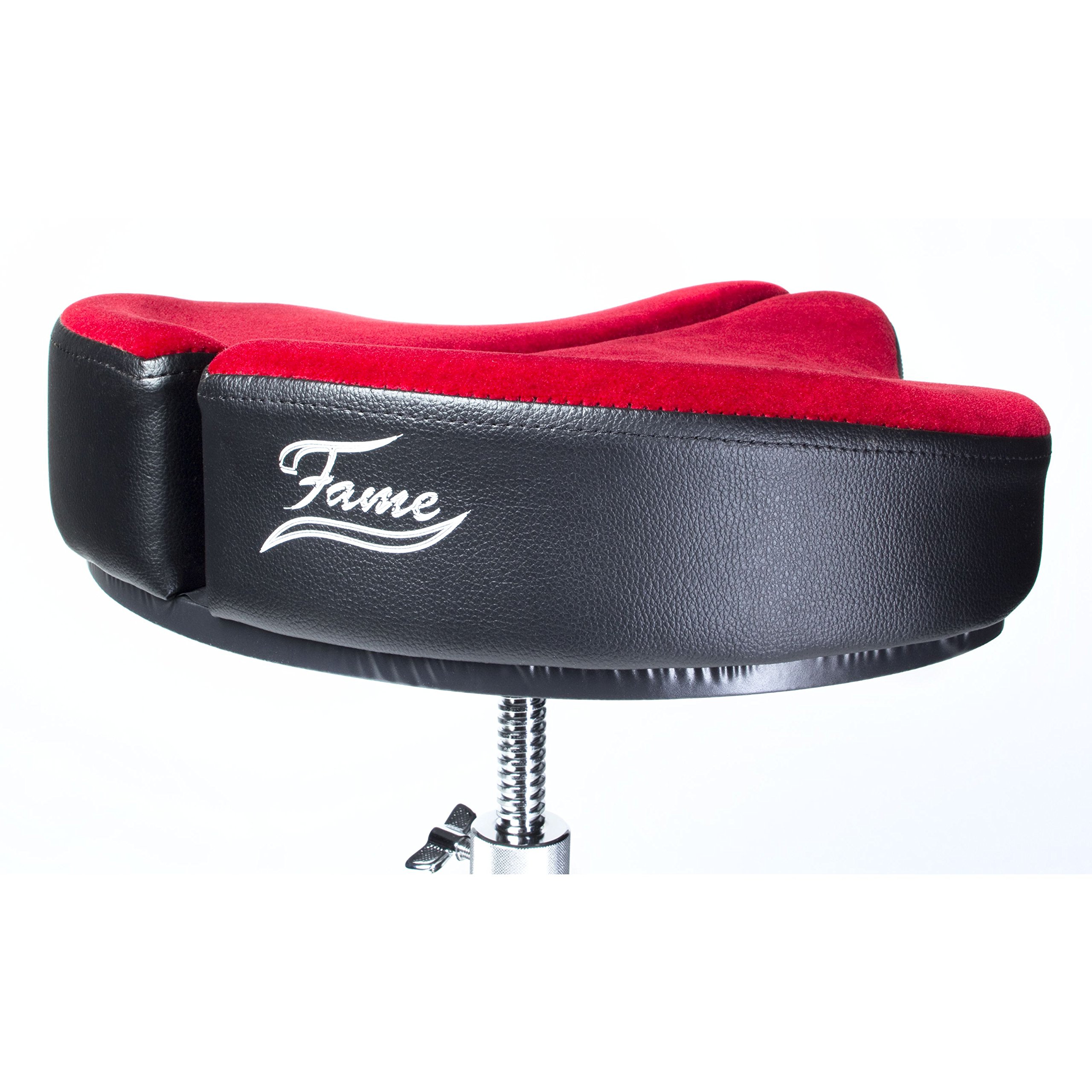 Fame D9300 Drumhocker, Split Seat, Doppelstrebig, Sattelform, Vinylbezug, Stufenlose Höheneinstellung, Memory Lock System, Ultra Stabil, Rückenschonend, 490-700mm Höhe, Verchromtes Finish