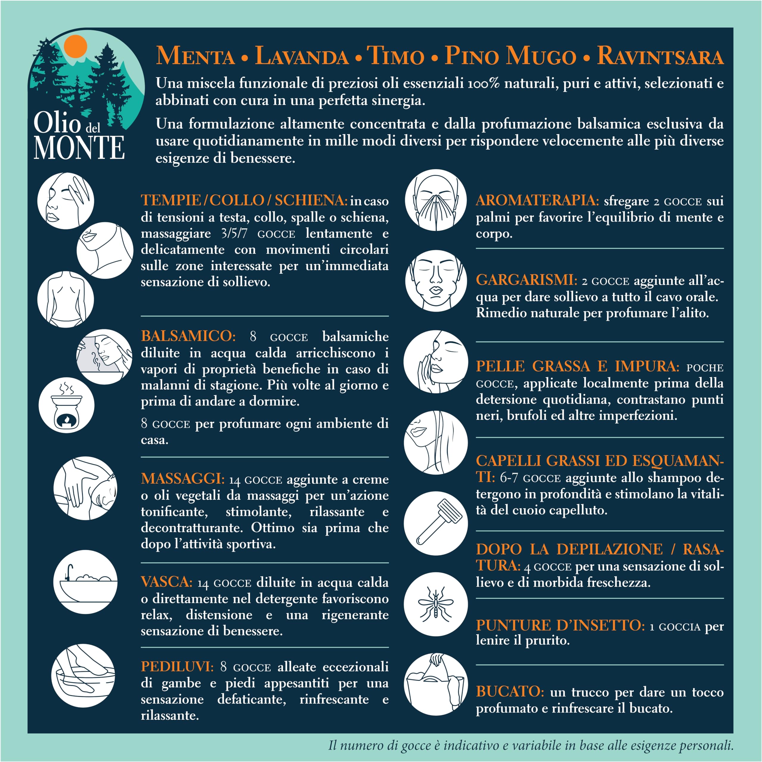 MONTENATURA® Olio Essenziale MONTE | Miscela Balsamica 100% Pura, Multi-Uso | Lavanda, Menta, Pino Mugo, Timo, Ravintsara | Per Diffusore, Massaggi e Vie Respiratorie | Non Unge (10ml)