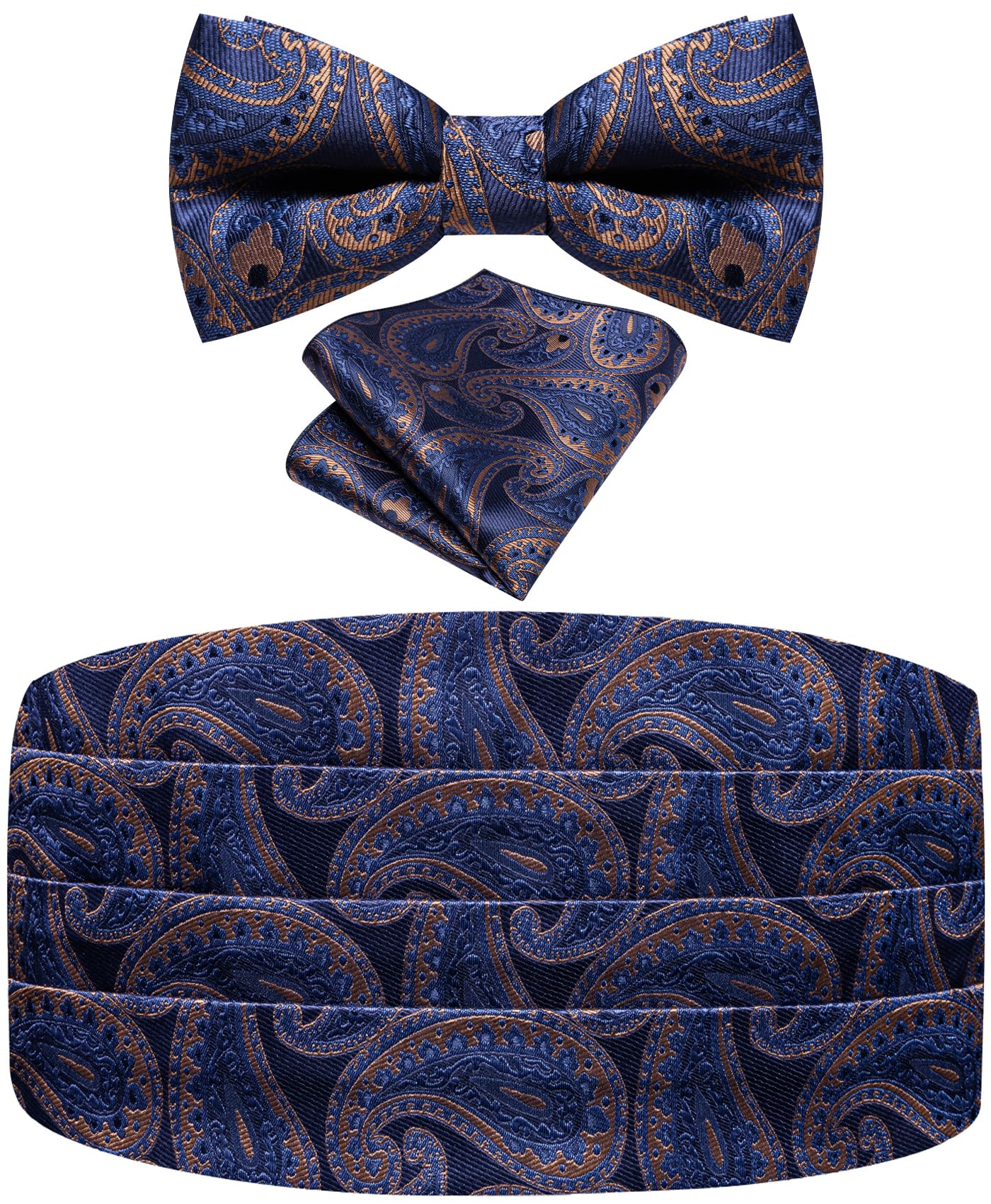 Paisley Floral Tuxedo Cummerbund Bow Tie Pocket Square Set for Men