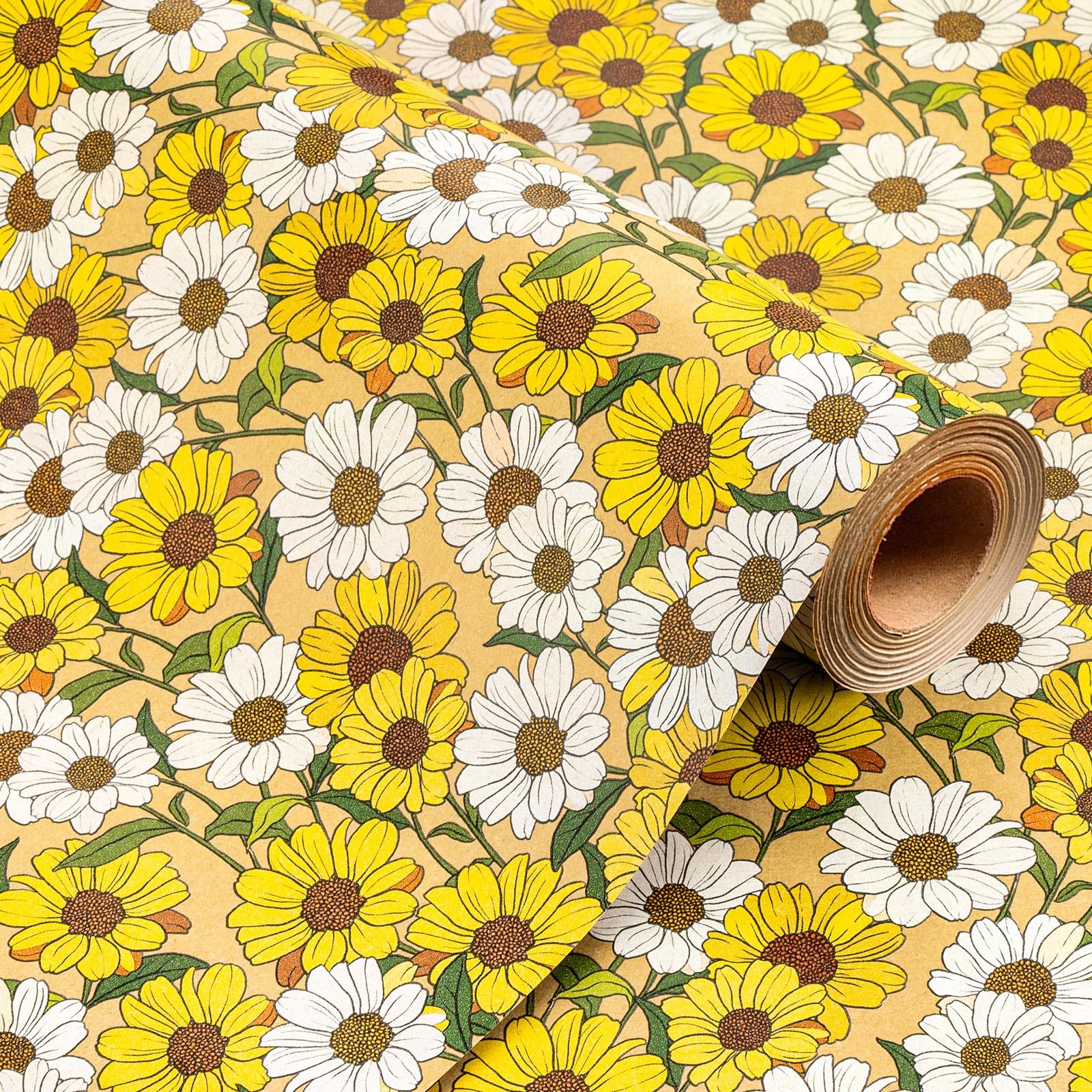MAYPUSS Kraft Floral Gift Wrapping Paper Roll, Vintage Wild Daisy Wrapping Paper, Cute Blooming Flower Gift Wrap for Wedding, Women Birthday, Baby Shower, Mothers Day, Thanksgiving - 17 In X 16.5 Ft
