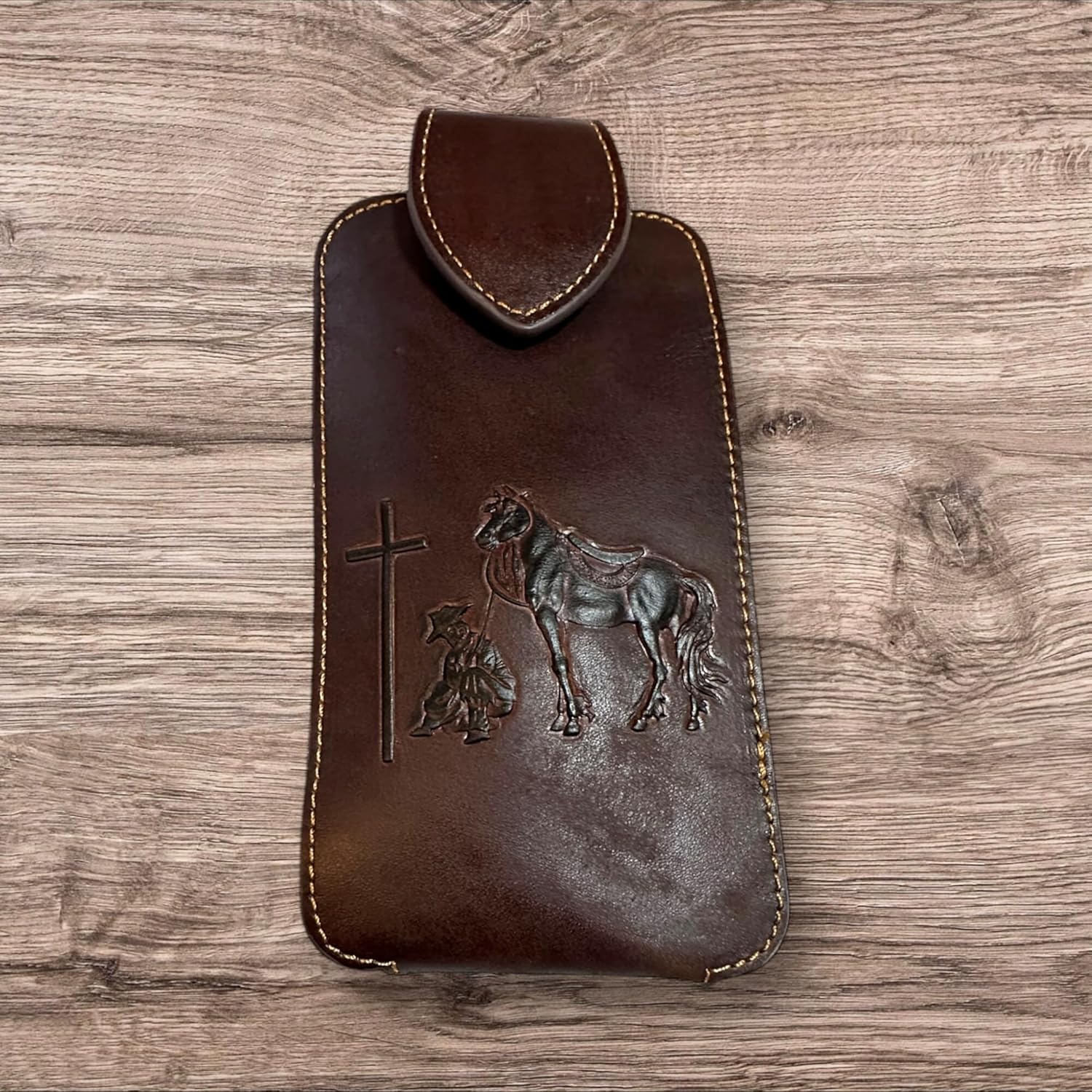 Western Leather Phone Holster – Embossed Cowboy Praying at Cross – Minimalist Plain Design – Belt Clip Case for Large Phones