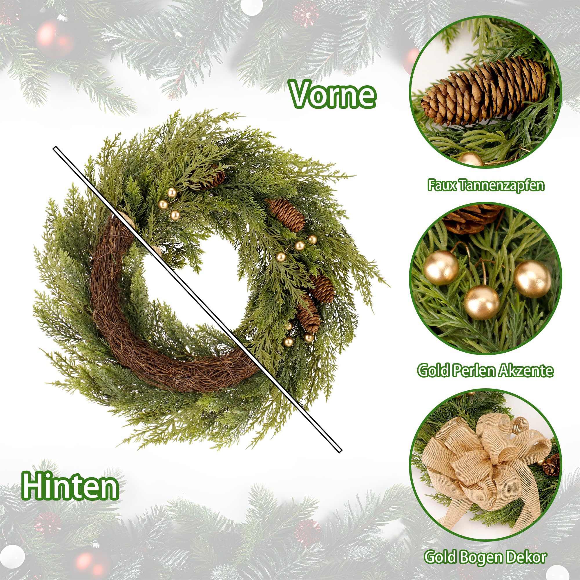 Zavothy 2PCS Türkranz Weihnachten 50 cm, Weihnachtskranz, Künstlicher Kranz mit Tannenzapfen und Weihnachtskugeln, Adventskranz, Weihnachtsdeko, Haustür Dekoration, Grün