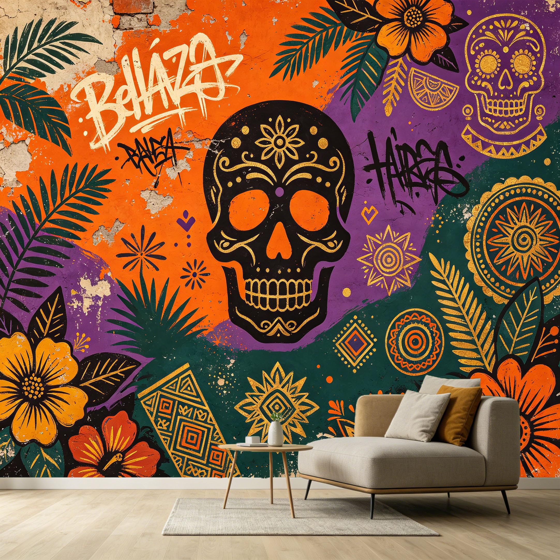 Custom Size Wall Murals Abstract Modern Graffiti Street Art Colorful Tropical Botanical Floral Gold Skull Pattern SelfAdhesive Wall Fabric Removable Large Wallpaper for Living Room