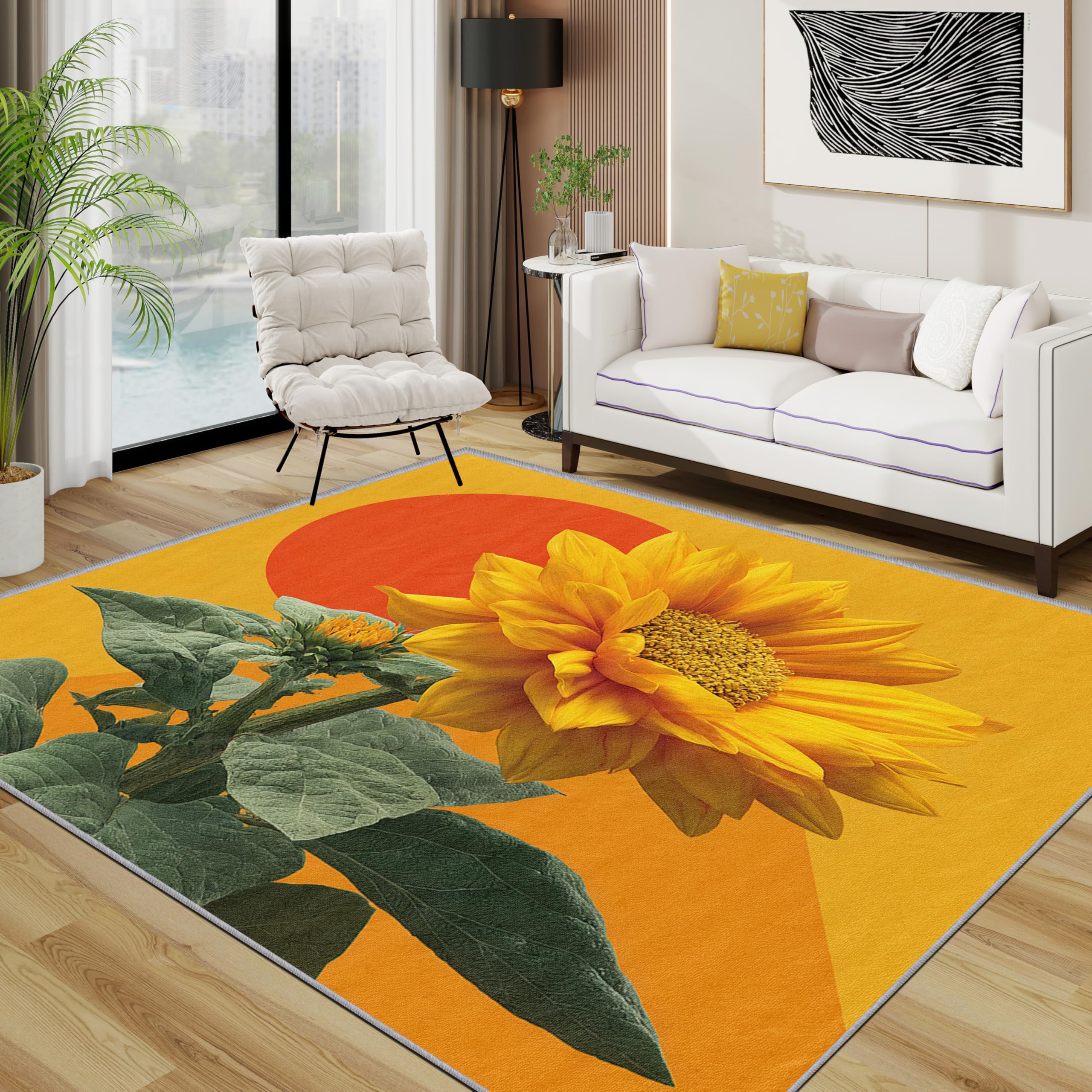 TerroVee Sunflower Rugs Living Room Large 160x230 - Yellow Flower Bedroom Rug, Floral Washable Non Slip Low Pile Carpet, Sunflower Home Decor