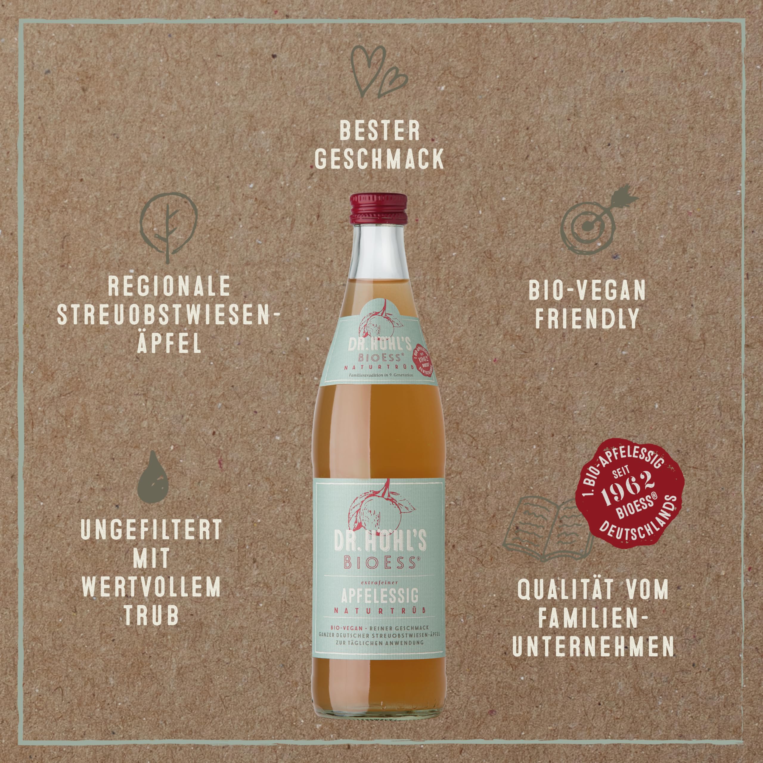 Vinagre de manzana ecológico sin filtrar en pack de 6 botellas, con sedimentos naturales, elaborado con manzanas enteras procedentes de huertos alemanes, vegano, BioEss, desde 1962 (6 x 500 ml).