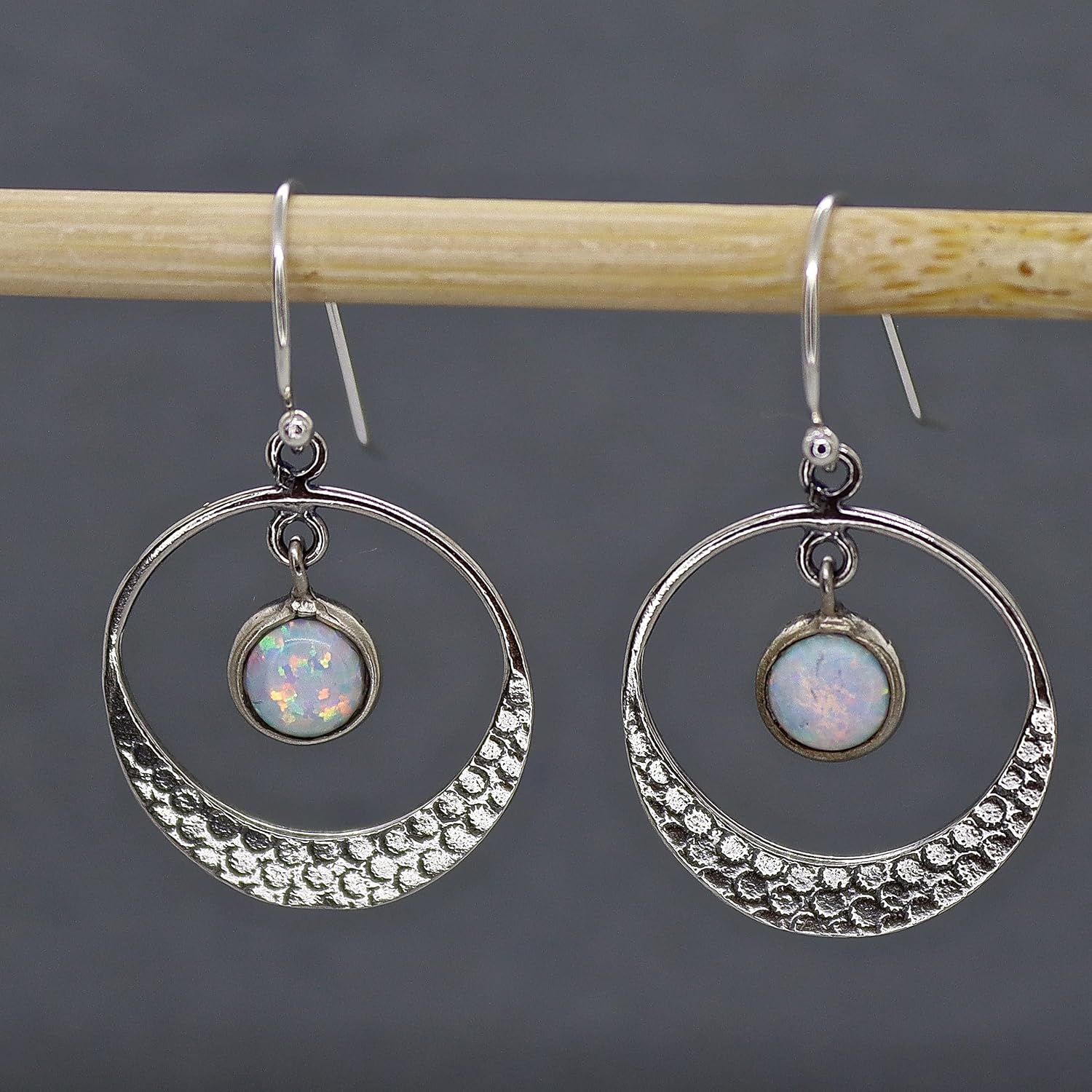 White Opal earrings, Sterling silver 925 dangle earring for women, Open hoop with stone dangle in the center, Hammered silver earrings, Unique silver earrings