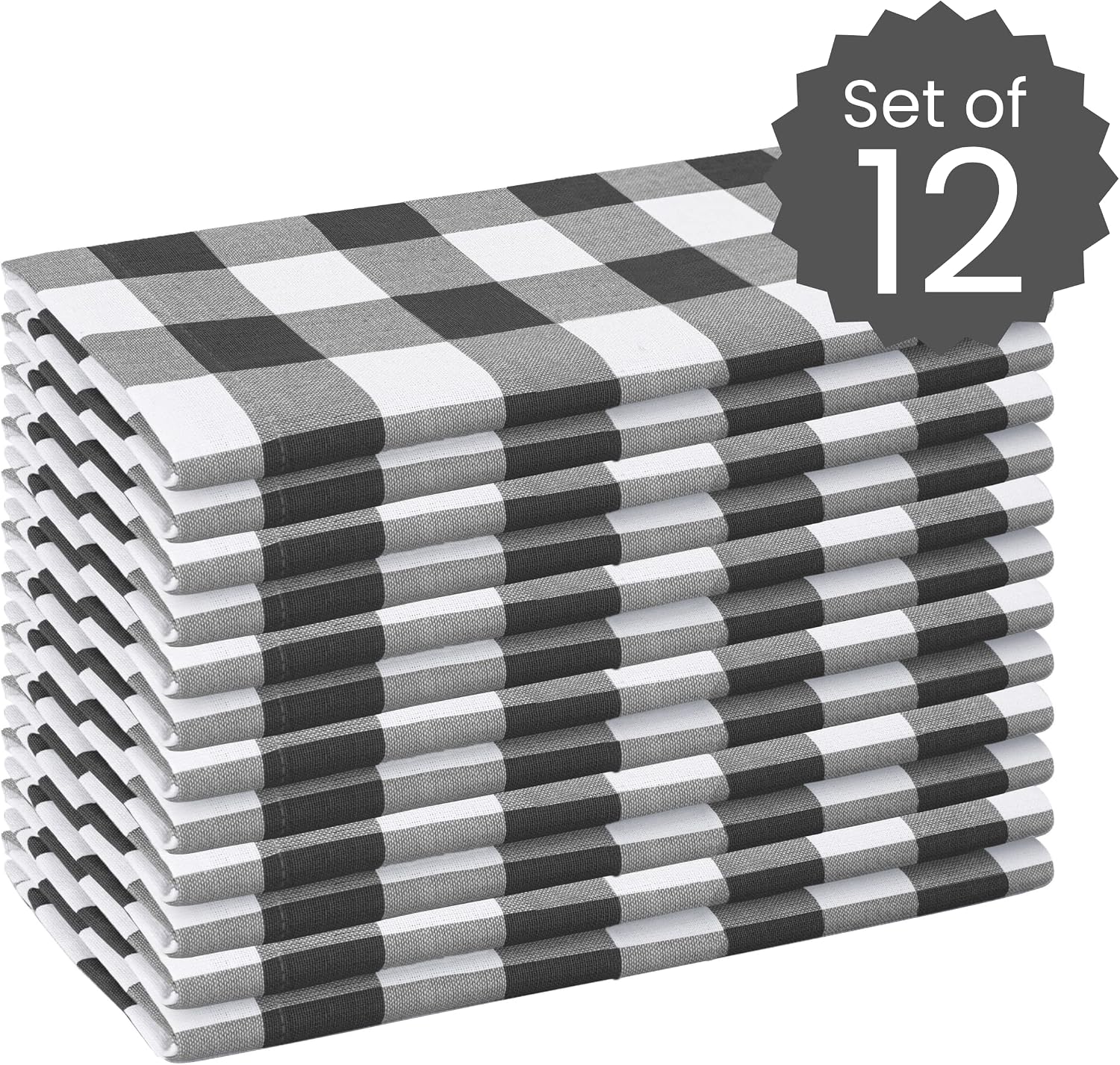 Cotton Clinic Set of 12 Cloth Napkins Gingham Check 100% Cotton 20x20 inches - Soft Durable Washable - Ideal for Events Wedding Christmas Easter - Perfect Everyday Use Table Dinner Napkins Black