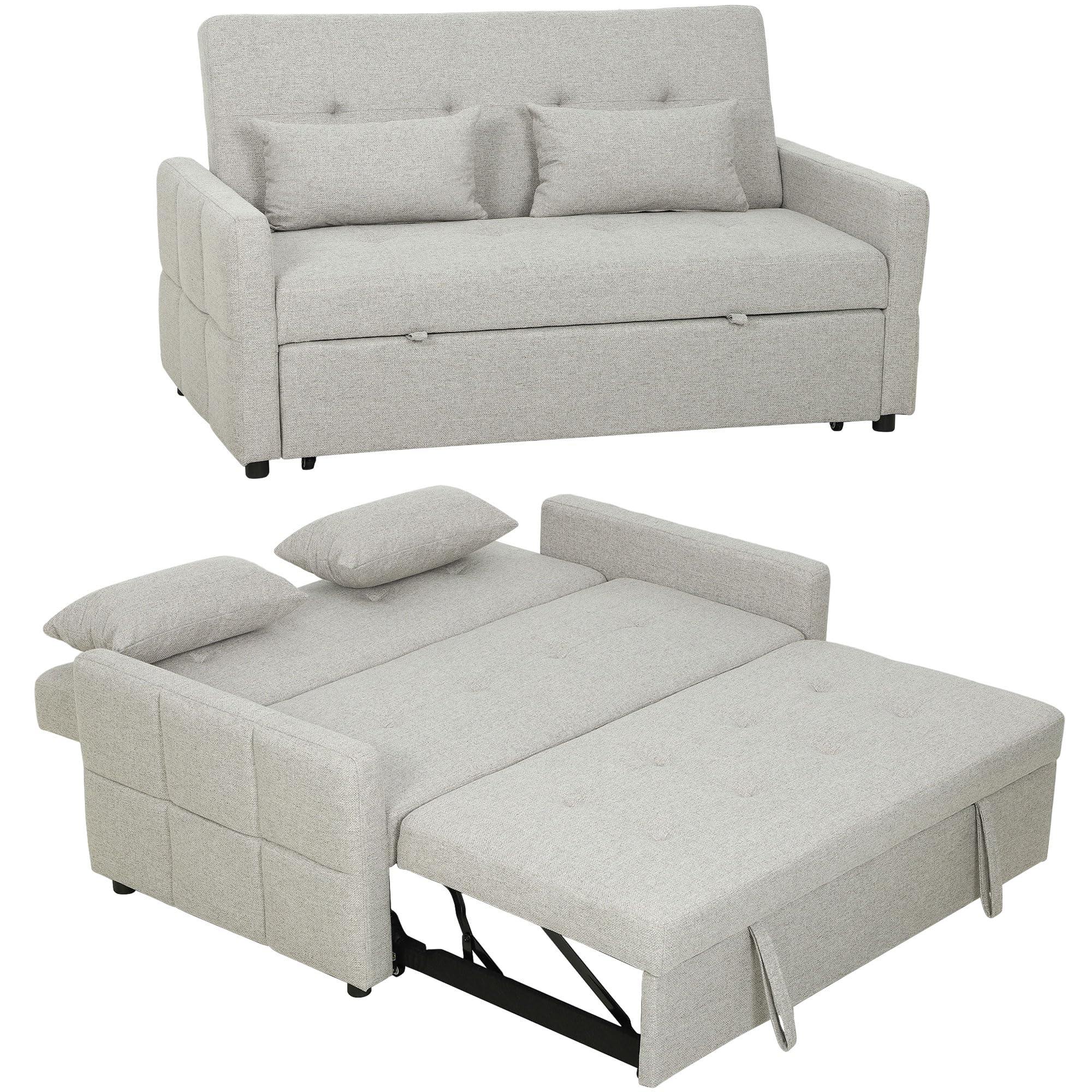 HOMCOM Canapé Convertible 2 Places 3 en 1, canapé-lit clic-clac 137x180cm, lit gigogne, Dossier réglable, 2 Coussins, Assise Large, Tissu Lin, pour Salon, Appartement, Petit Espace, Marron Clair