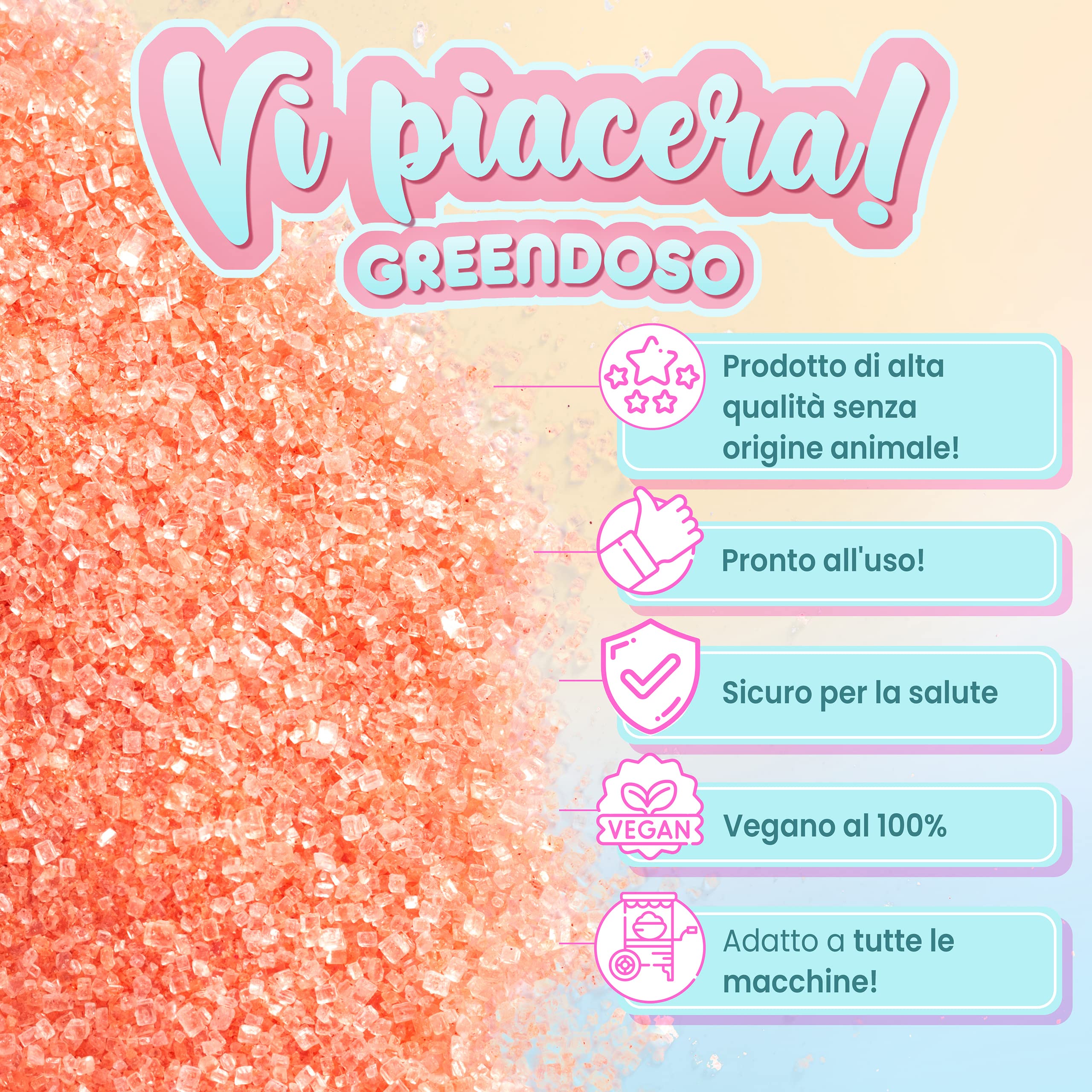 GREENDOSO® Zucchero per Zucchero Filato (4x320 gr) - Set di 4 Gusti (Fragola / Bubble Gum / Banana / Vaniglia) - 50 Bastoncini