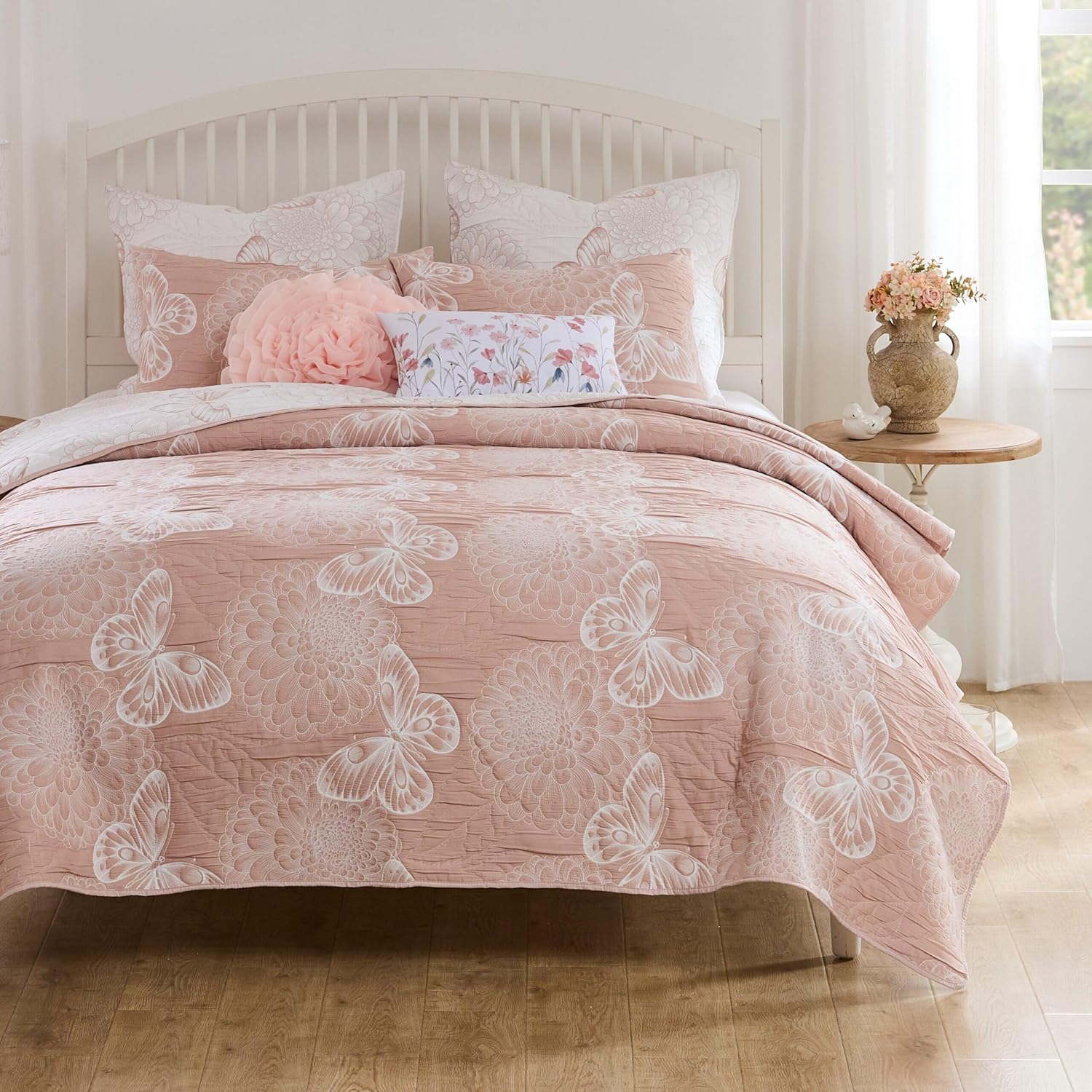 Greenland Home Fashions Mariposa Blossom and Butterfly Reversible Matelassé Coverlet Set, 3-Piece King/Cal King, Pink