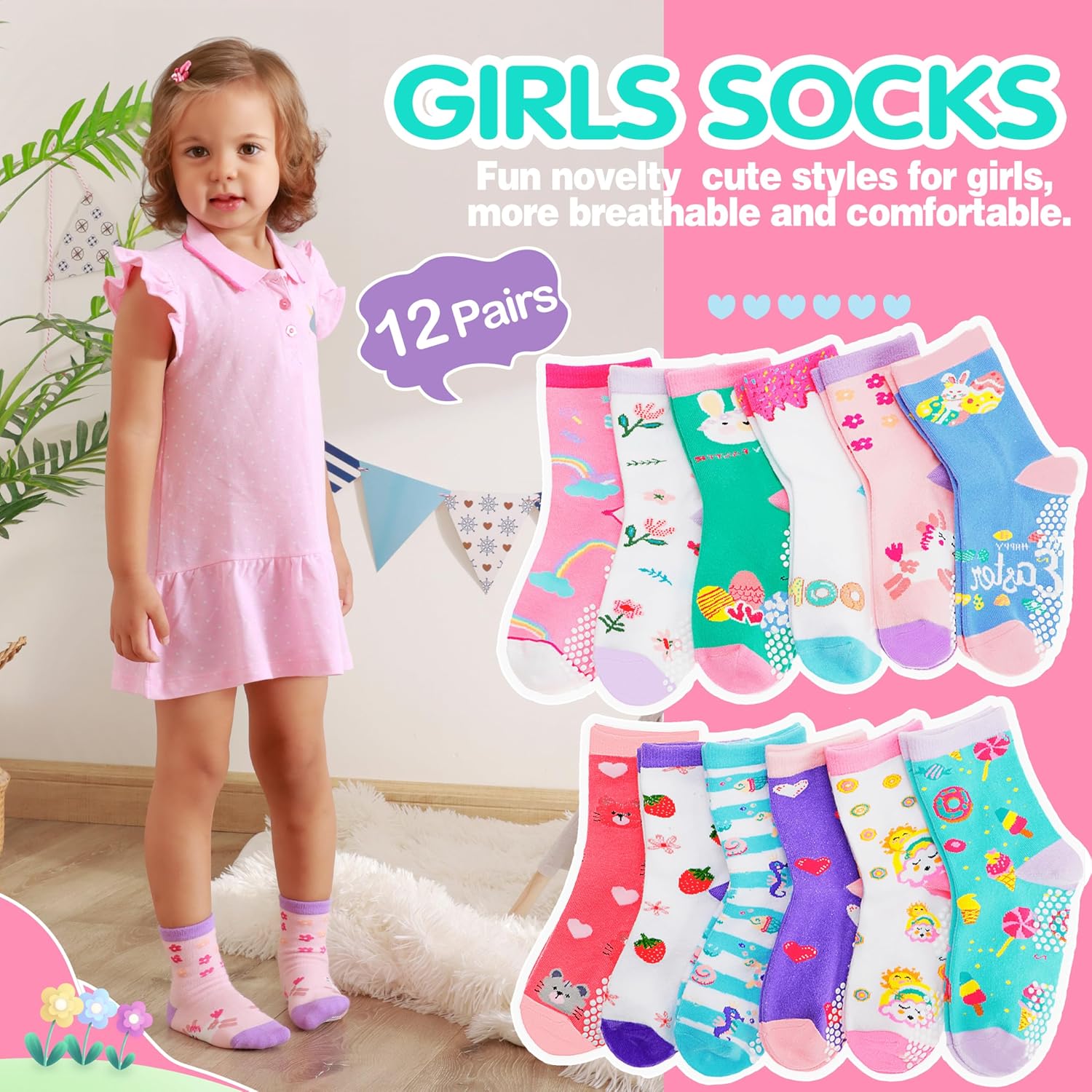 Baby Girls Toddlers Grips Socks 12 Pairs Kids Anti Slip Non Skid Animal Funny Cartoon Crew Breathable Cotton Socks - Image 2