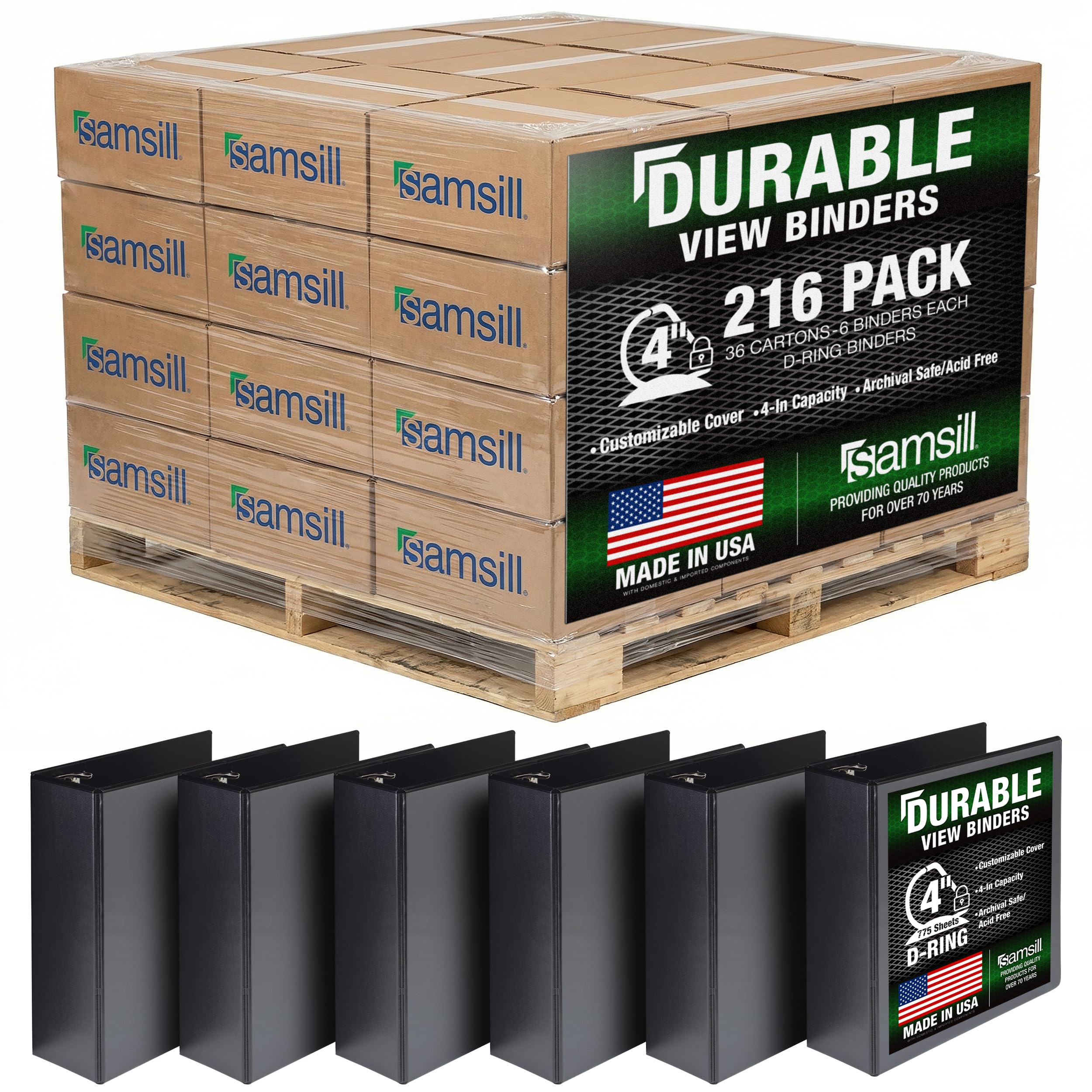 Samsill Durable 4 inch 3 Ring Binder, D Ring Binder, 100% Recycled Chipboard, Black, Pallet of 216 Binders in 36 Cartons