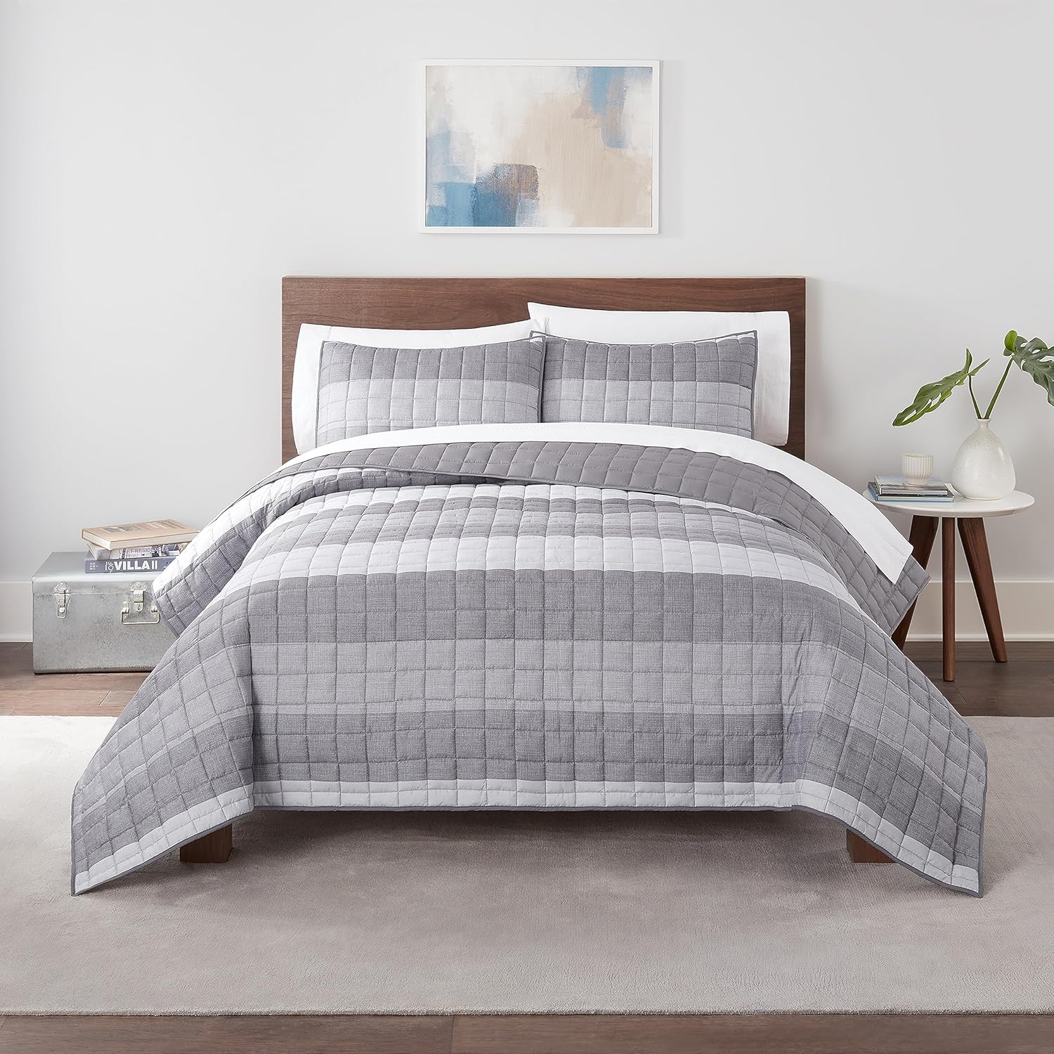 Serta Simply Comfort Billy Modern 3 Piece Soft Bedding Stripe Quilt Set with Pillow Case for All Season, King, Grey