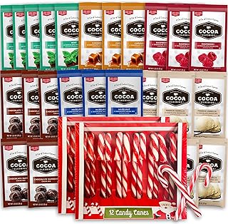 Hot Cocoa & Candy Cane Gift Set – 24 Premium Hot Chocolate Packets (6 Flavors) + 24 Classic Candy Cane | 48-Count Holiday Treat Box, Energy-Boosting Gift for Kids & Adults