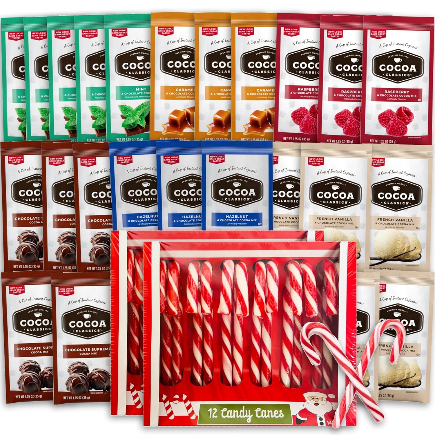 Hot Cocoa & Candy Cane Gift Set – 24 Premium Hot Chocolate Packets (6 Flavors) + 24 Classic Candy Cane | 48-Count Holiday Treat Box, Energy-Boosting Gift for Kids & Adults
