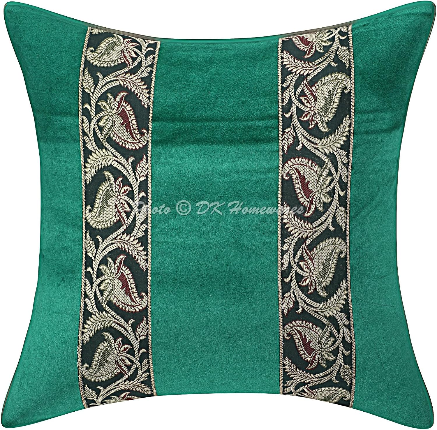 Decorative Throw Pillowcases 16 x 16 Inch Velvet Brocade Jacquard Indian Square Floral Cushion Covers (Size - 40x40 cm ; Color: Dark Green) - Set of 4 Pcs (Cover Only)