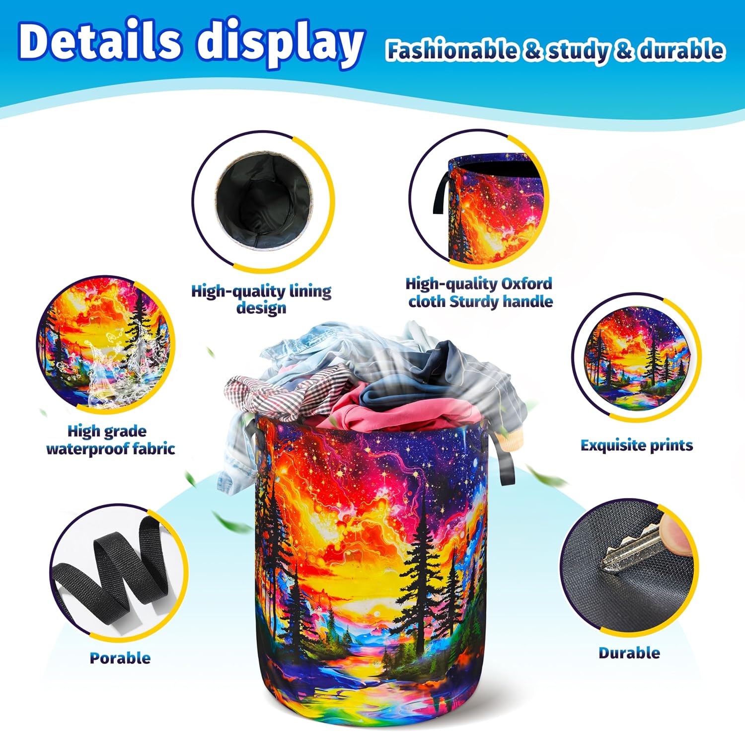 Galaxy Aurora Forest Print Laundry Basket Foldable Clothes Hamper 18.9X16.5