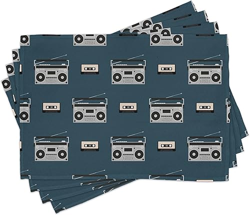 Miniatura 3 de Ambesonne Camino de mesa de música y manteles individuales, boomboxes retro y casetes de cinta, sistema de sonido de audio vintage, juego para