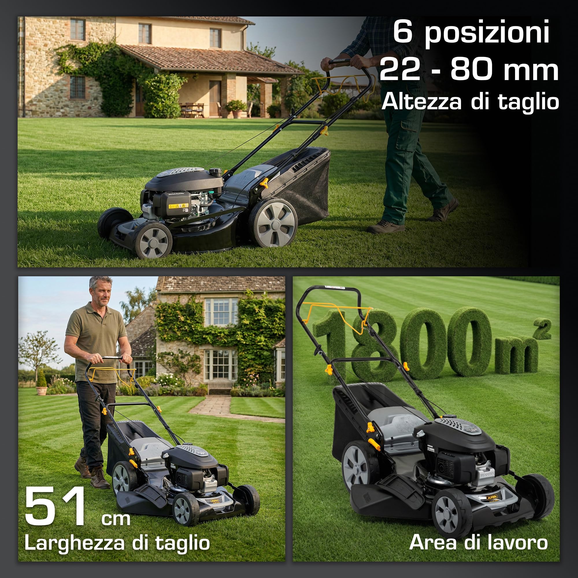 Alpina AL5 51 SHQ Tagliaerba A Scoppio Semovente, 166 cc, 51 cm – Sacco 60 l, Mulching – Prati fino a 1.800 m²