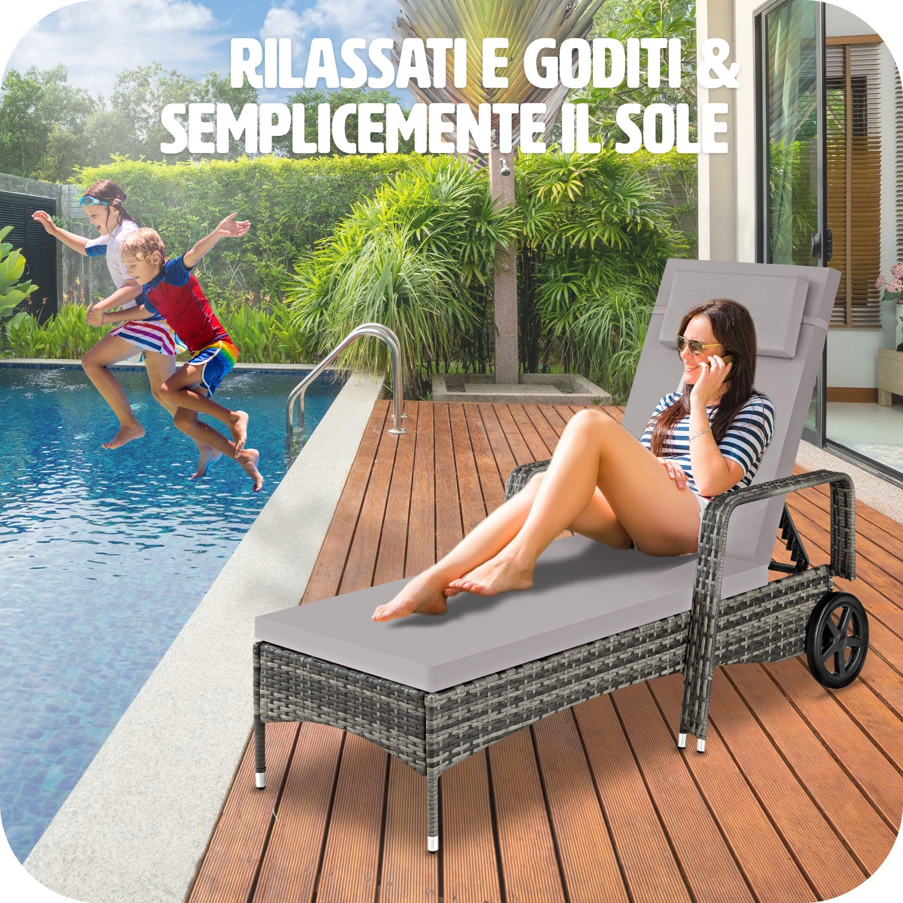 tectake® Lettino prendisole Cassis in Alluminio e Rattan, Design Molto Elegante, con Ruote, Adatto per Uso Interno ed Esterno, Poggiatesta Lettino, da Giardino - Grigio