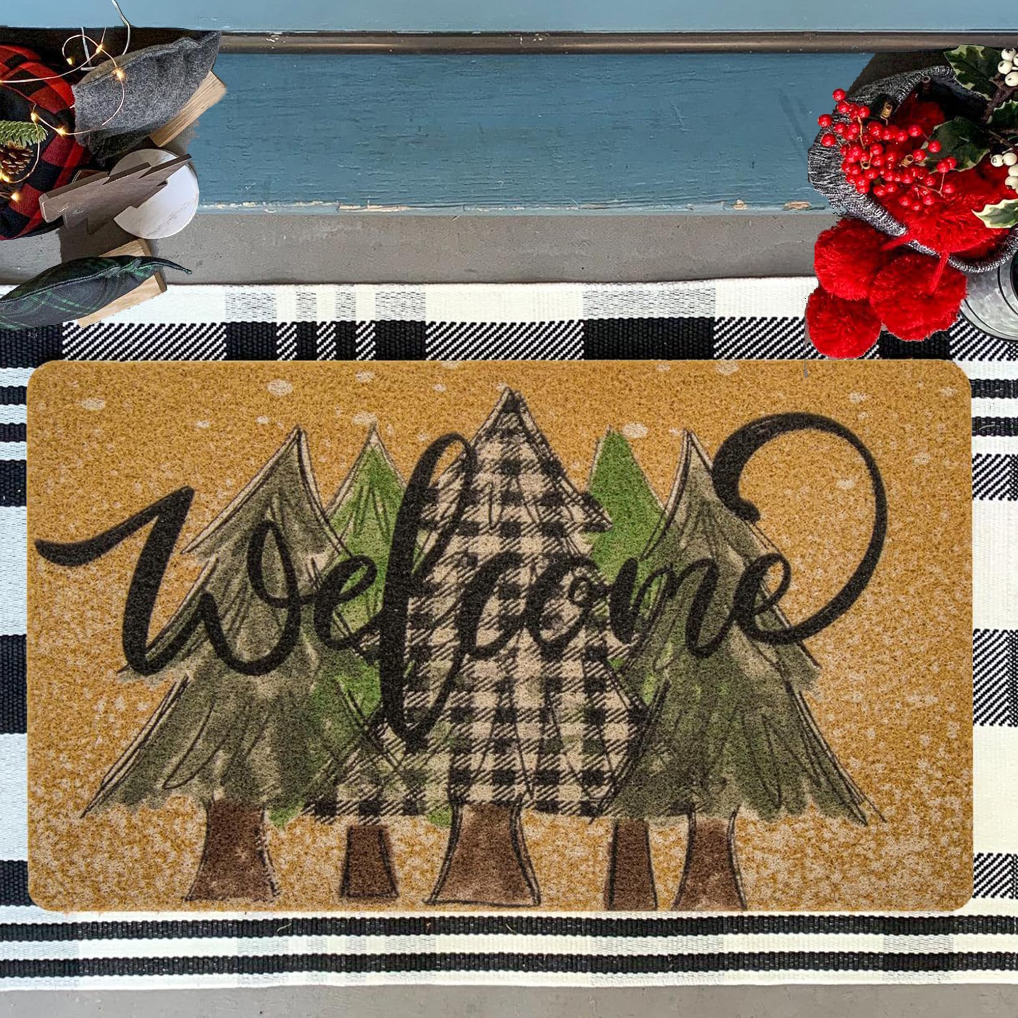 UTOWO Paillasson de bienvenue antidérapant avec imprimé forêt de pins - Tapis d'entrée enneigé - Tapis de Noël au pays des merveilles - 43,2 x 76,2 cm