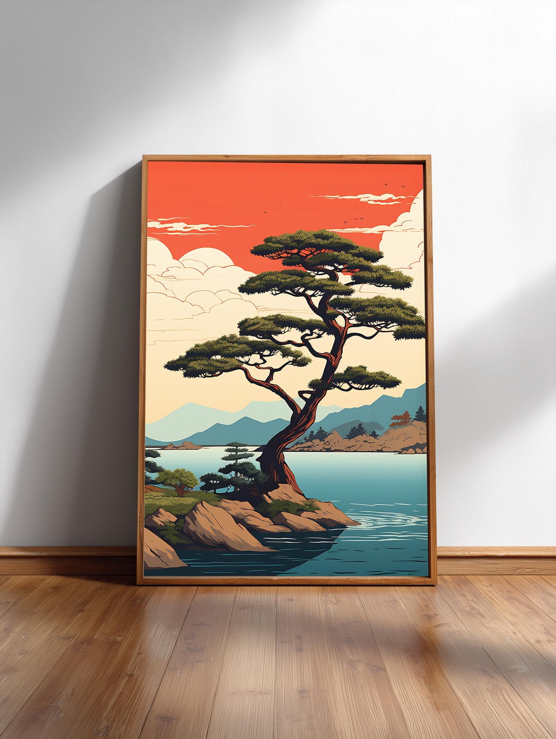LMYCHENG Stampa di poster Ukiyo-e Bonsai, dipinto a olio minimalista su tela, murale con cielo rosso, arte murale giapponese vintage (70x110 cm/cornice interna)