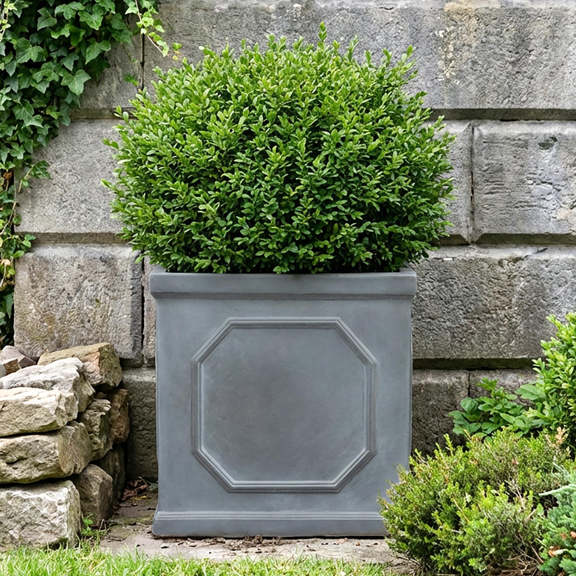 IDEALIST 37cm Chelsea Box Planter | Faux Lead Square Plant Pot | Leaden Grey Reinforced Stone Garden Planter with Drainage Holes L37 W37 H38 cm, 39 litres