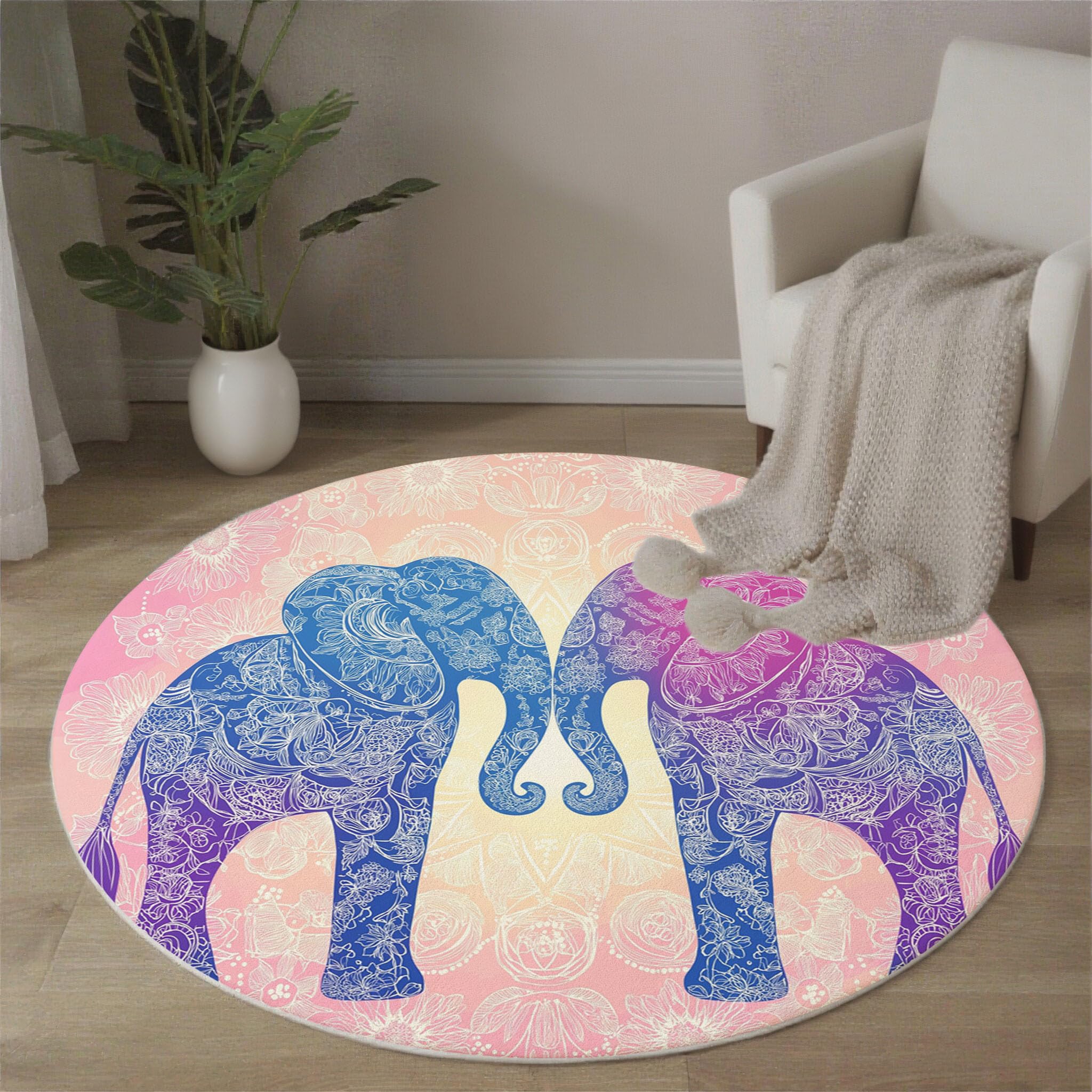 Mandala Elefante Rond Tapis De Décoration, Boho Retrò Tapis Rond Lavable en Machine Anti-Dérapant Intérieur Ultra Doux Chambre Sol Canapé Salon (180cm, Rosa)