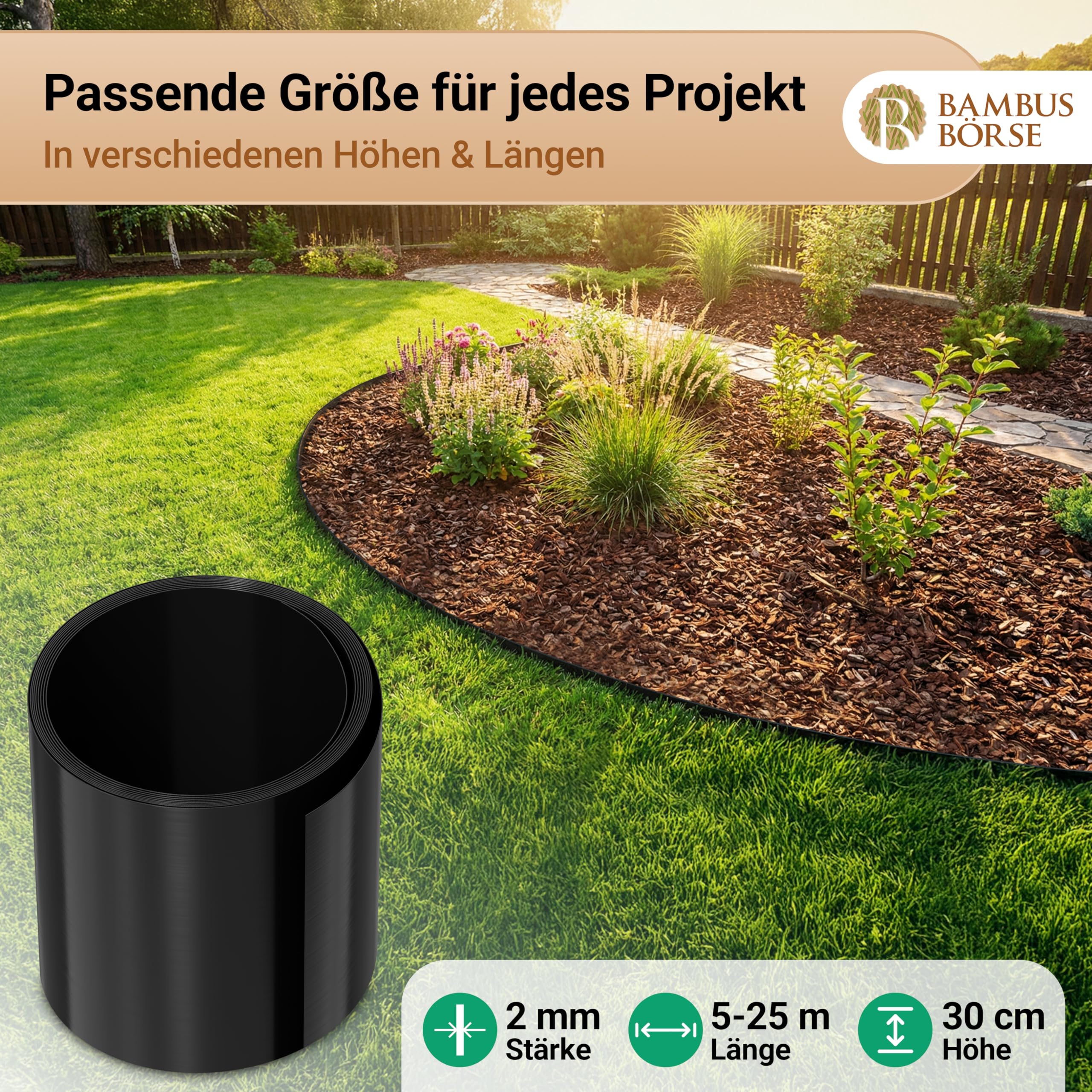 Rasenkante - Beetabgrenzung 30 cm hoch, 15 m lang aus HDPE Kunststoff - Flexible Beeteinfassung & Rasenbegrenzung wetterfest, UV-beständig, langlebig, einfache Montage - Beetkante Rolle