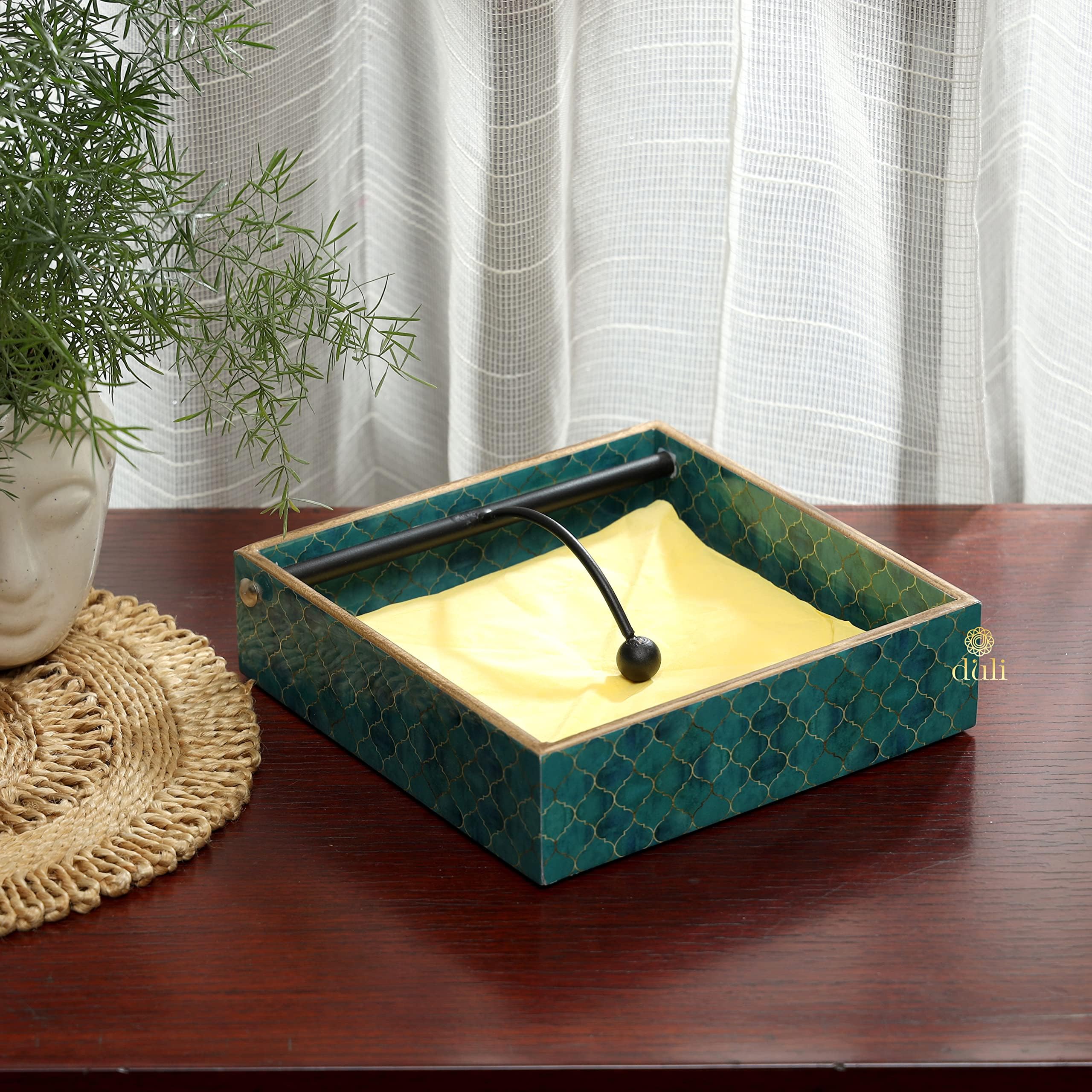 DULIHandmade Decorative Tissue Holder for Table in MDF (19x19cm) - Paper Napkin Holders for Dining Table Napkins Stand Fancy Tissue Paper Holder for Office Desk (Teal Drops)