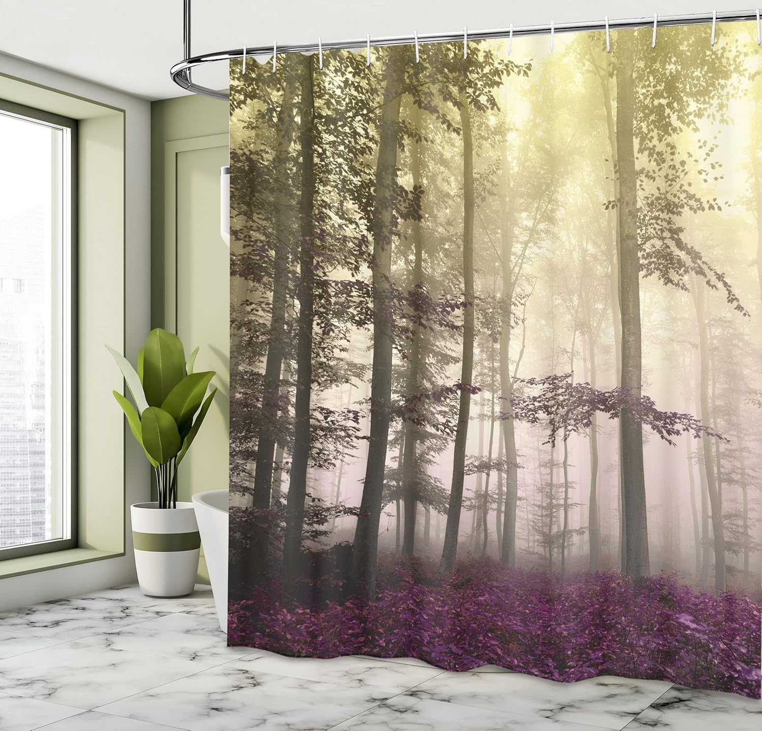 Ambesonne Forest Shower Curtain, Autumn Season Mystic Foggy Fall Nature and Enchanted Woods Wild Trees Print, Cloth Fabric Bathroom Decor Set with Hooks, 69" W x 75" L, Pale Yellow